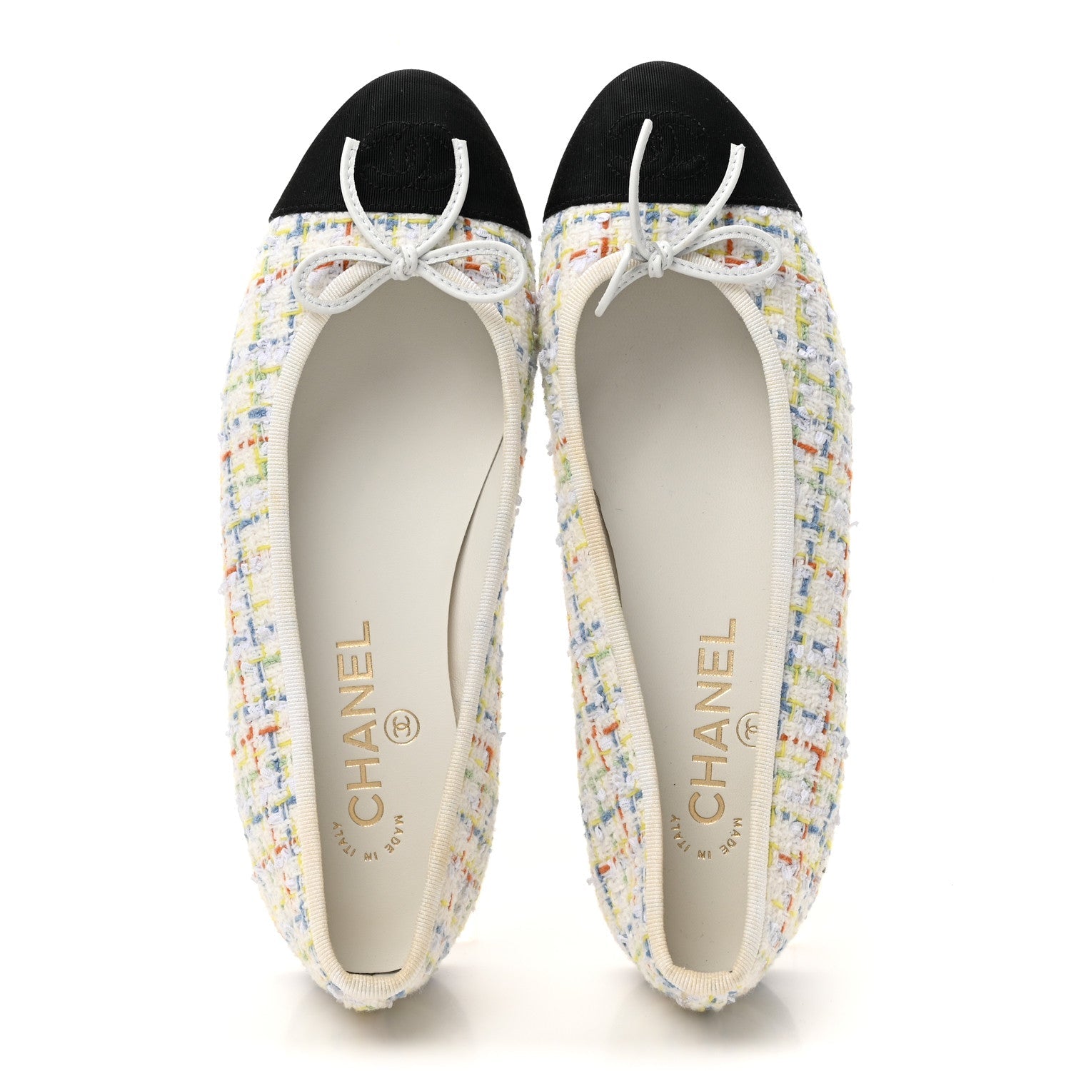 Tweed Grosgrain Cap Toe Ballerina Flats 37.5 White Multicolor
