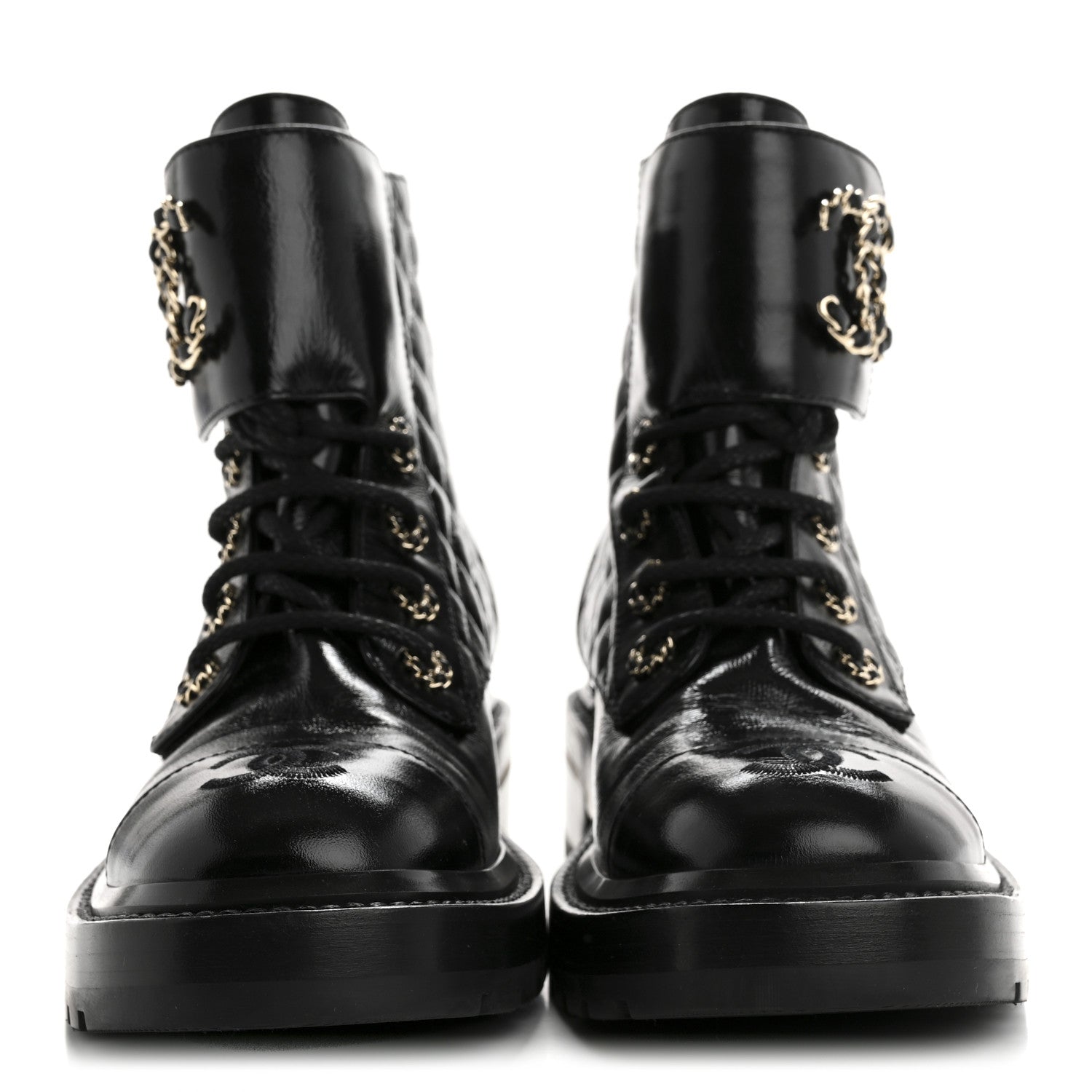 Shiny Lambskin Quilted Lace Up Combat Boots 37 Black
