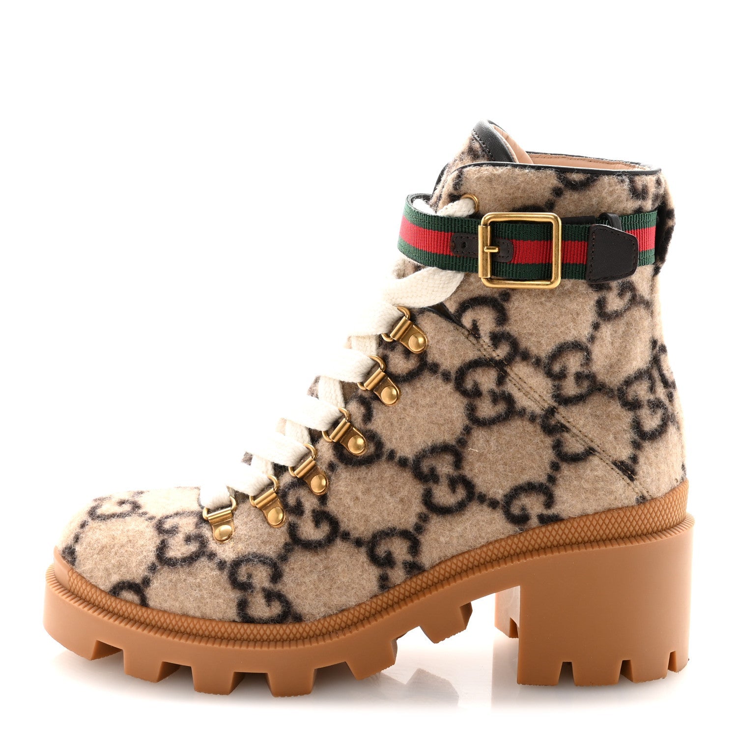 Covered Wool Big GG Monogram Womens Lace Up Combat Ankle Boots 36 Beige Ebony Cocoa
