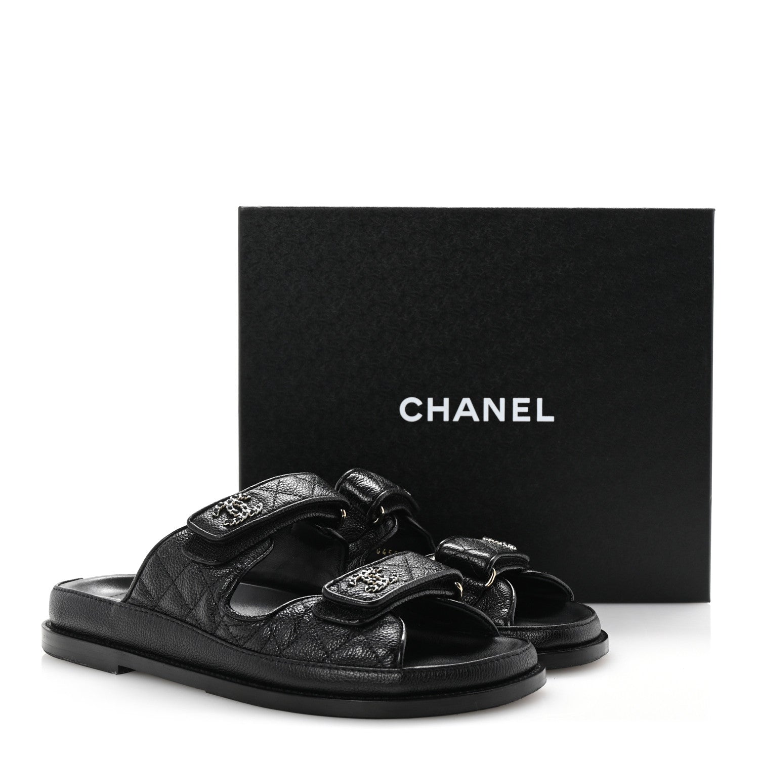 Grained Calfskin Quilted Velcro Dad Chain CC Slide Sandals 40 Black