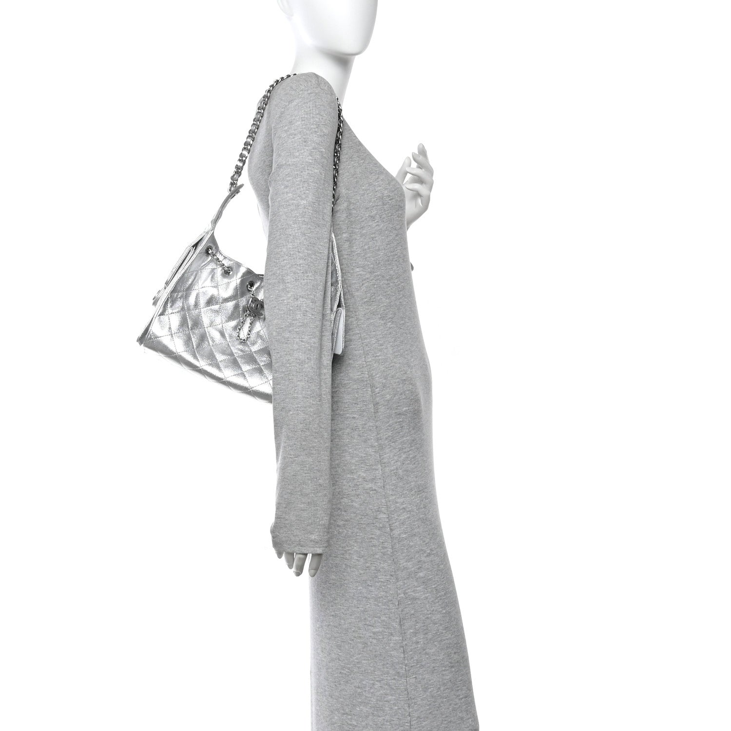 Metallic Caviar Quilted Small Chanel 25 Handbag Silver