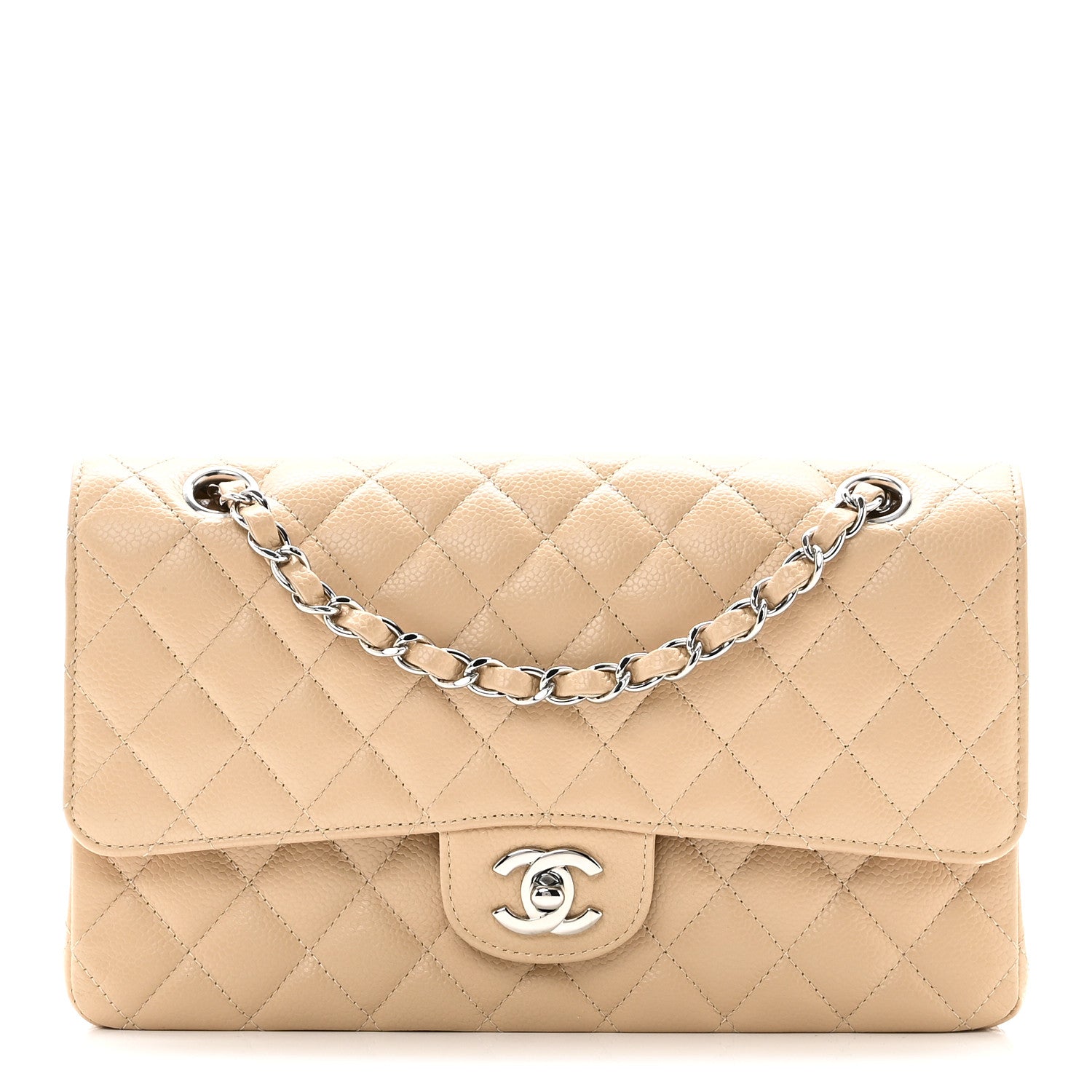 Caviar Quilted Medium Double Flap Beige