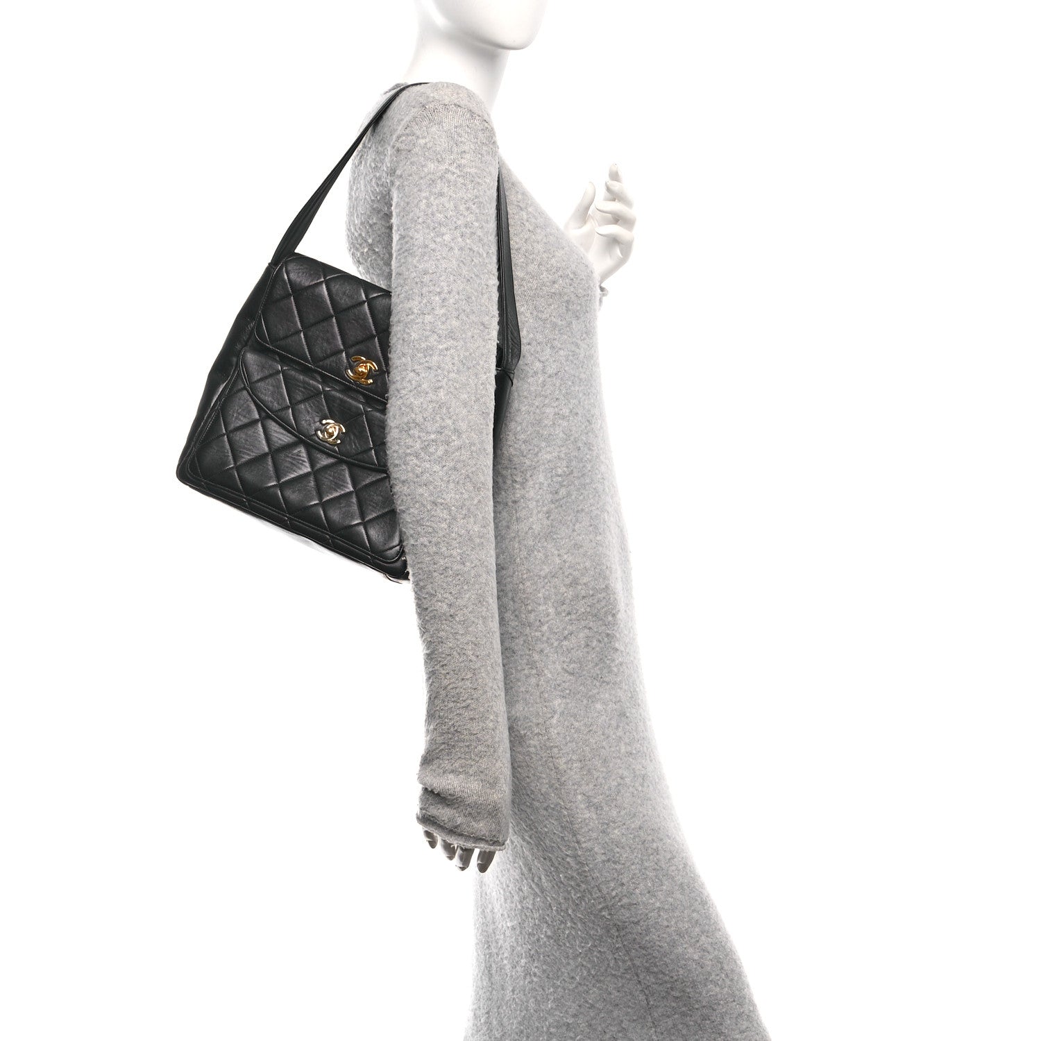 Lambskin Quilted Double Pocket Shoulder Bag Black