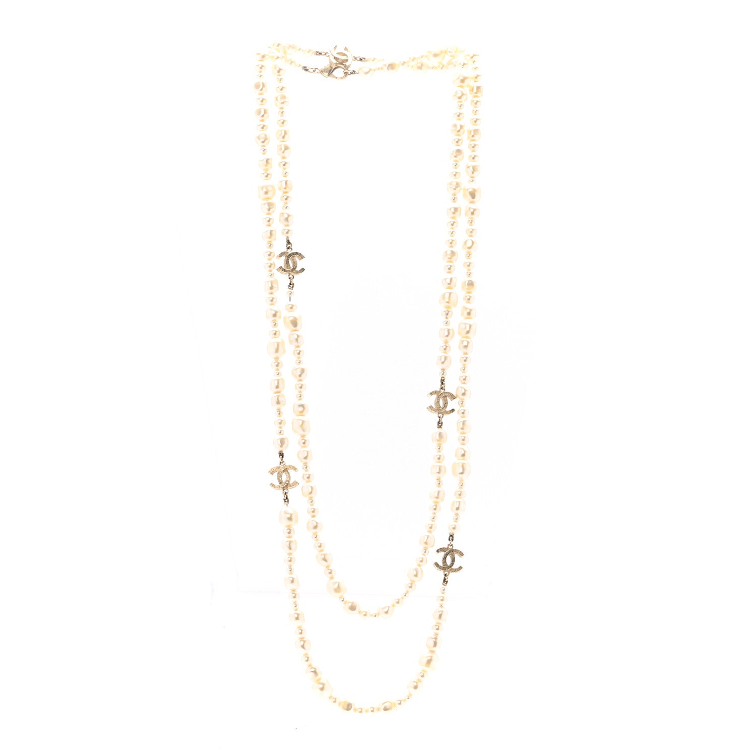 Irregular Pearl CC Long Necklace Light Gold