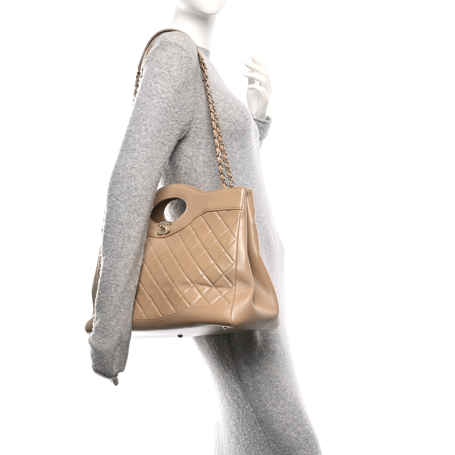 Shiny Crumpled Calfskin Quilted Large 31 Shopping Bag Beige