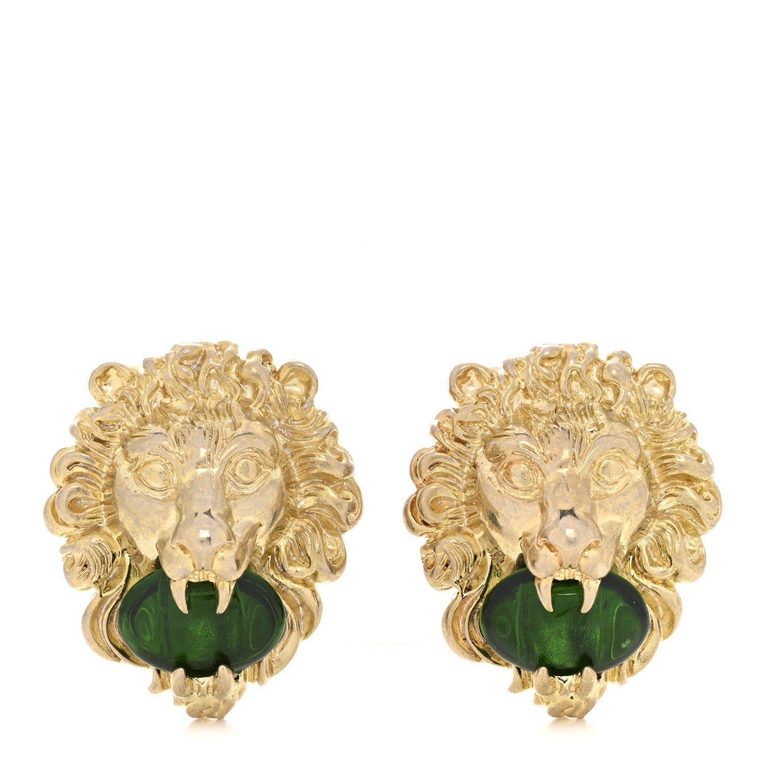 Crystal Lion Head Clip On Earrings Aged Gold Green