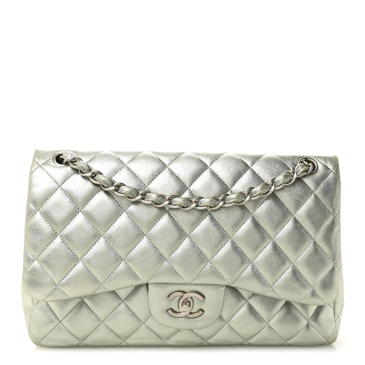 Metallic Lambskin Quilted Jumbo Double Flap Green