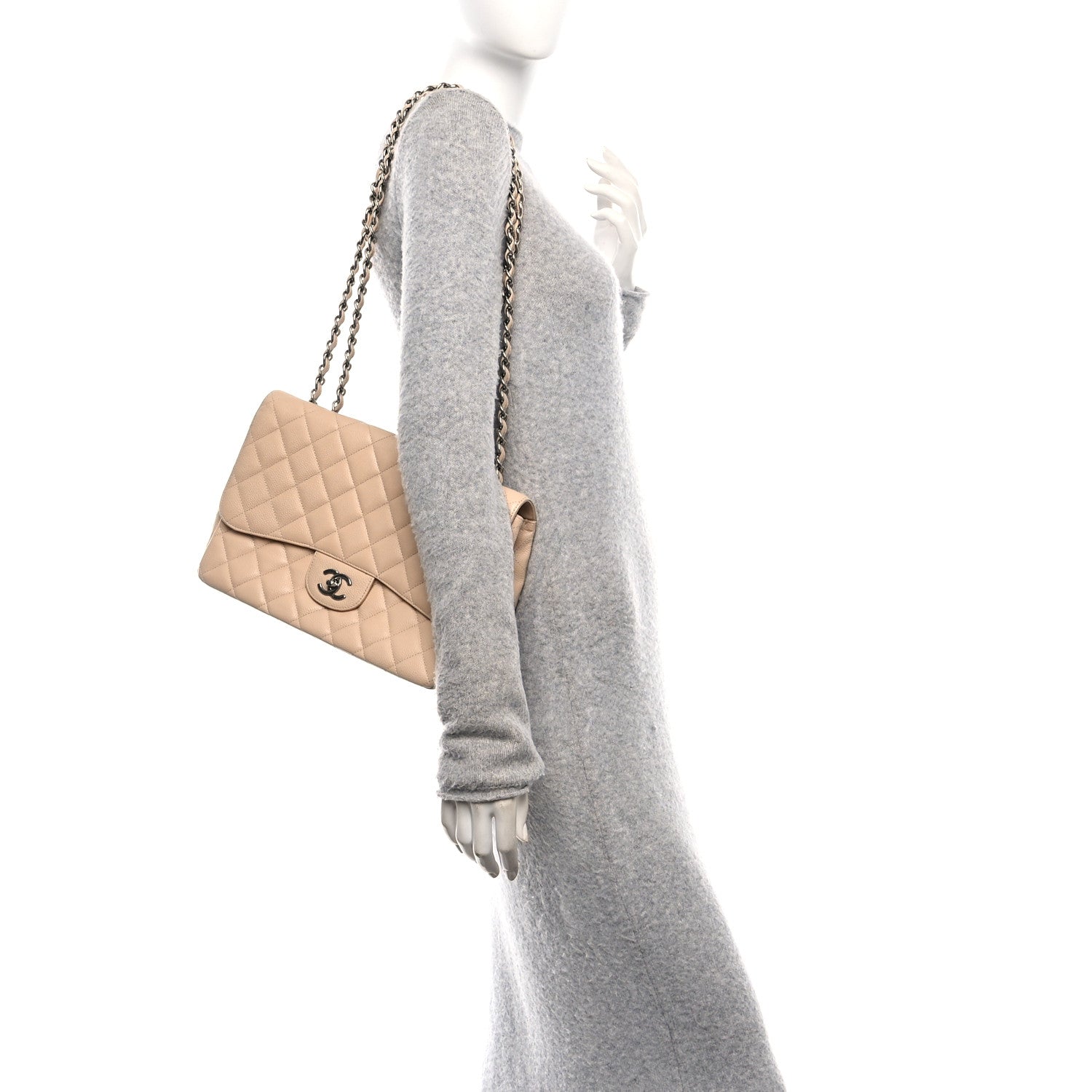 Caviar Quilted Jumbo Single Flap Beige Clair