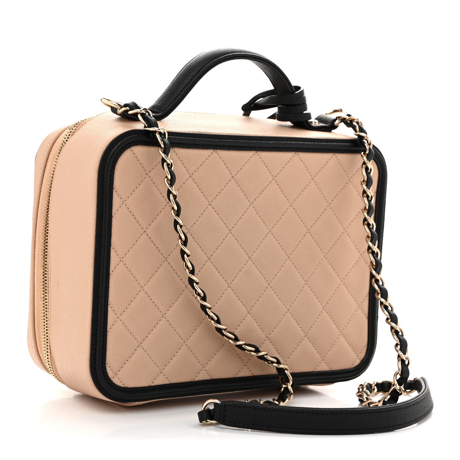 Caviar Quilted Large CC Filigree Vanity Case Beige Black