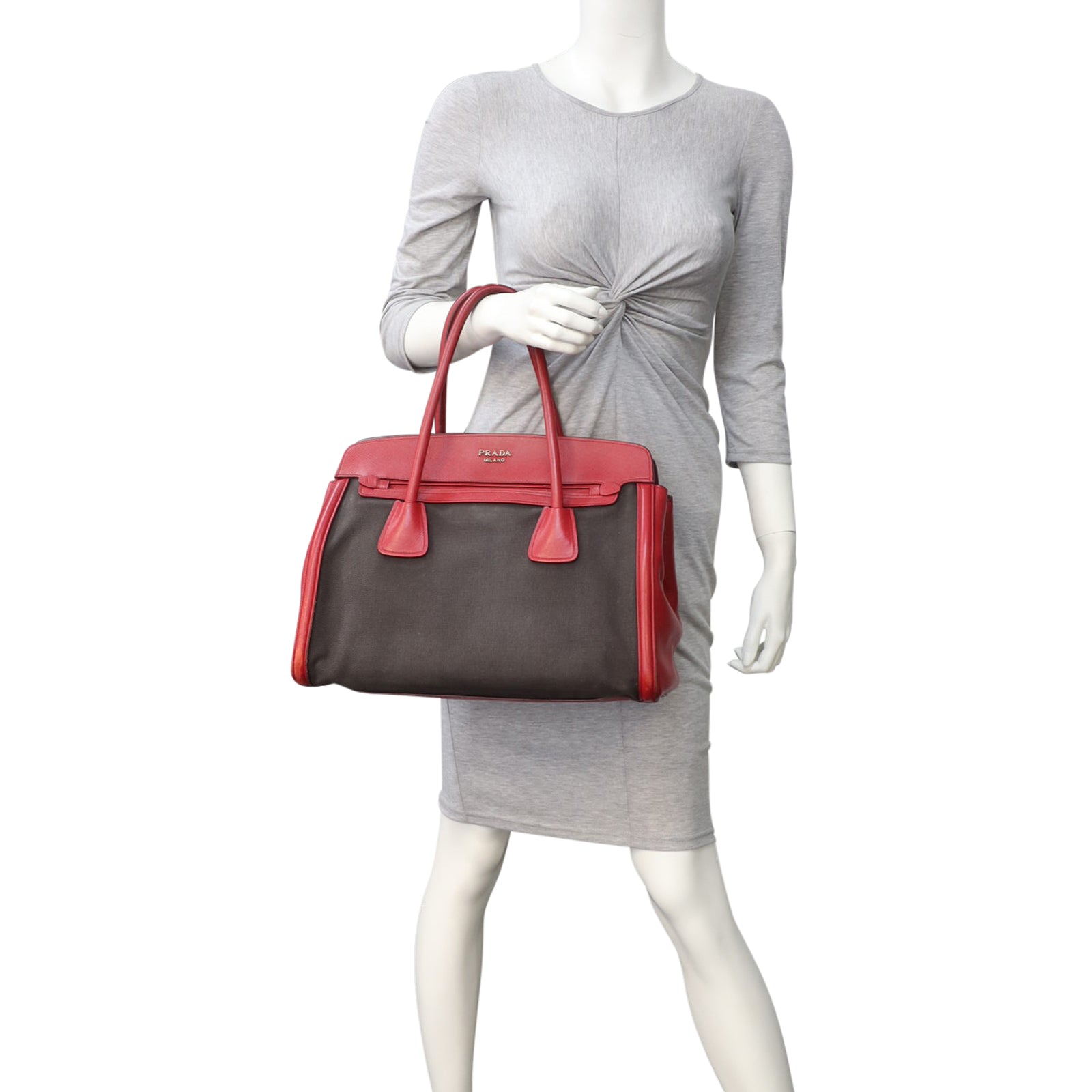 Prada Saffiano and Canvas Top Handle Tote