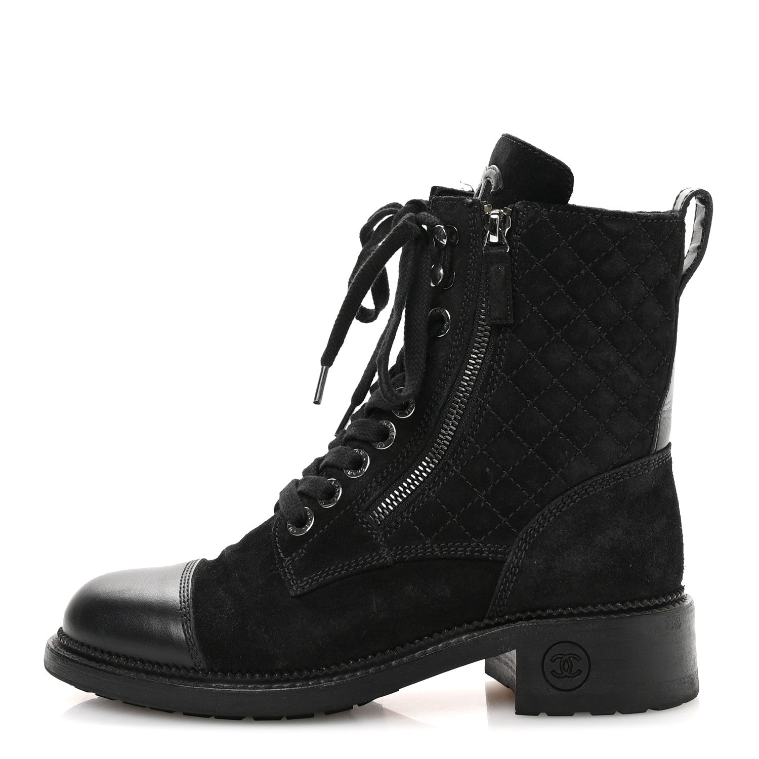 Suede Calfskin Quilted Lace Up Combat Boots 37 Black