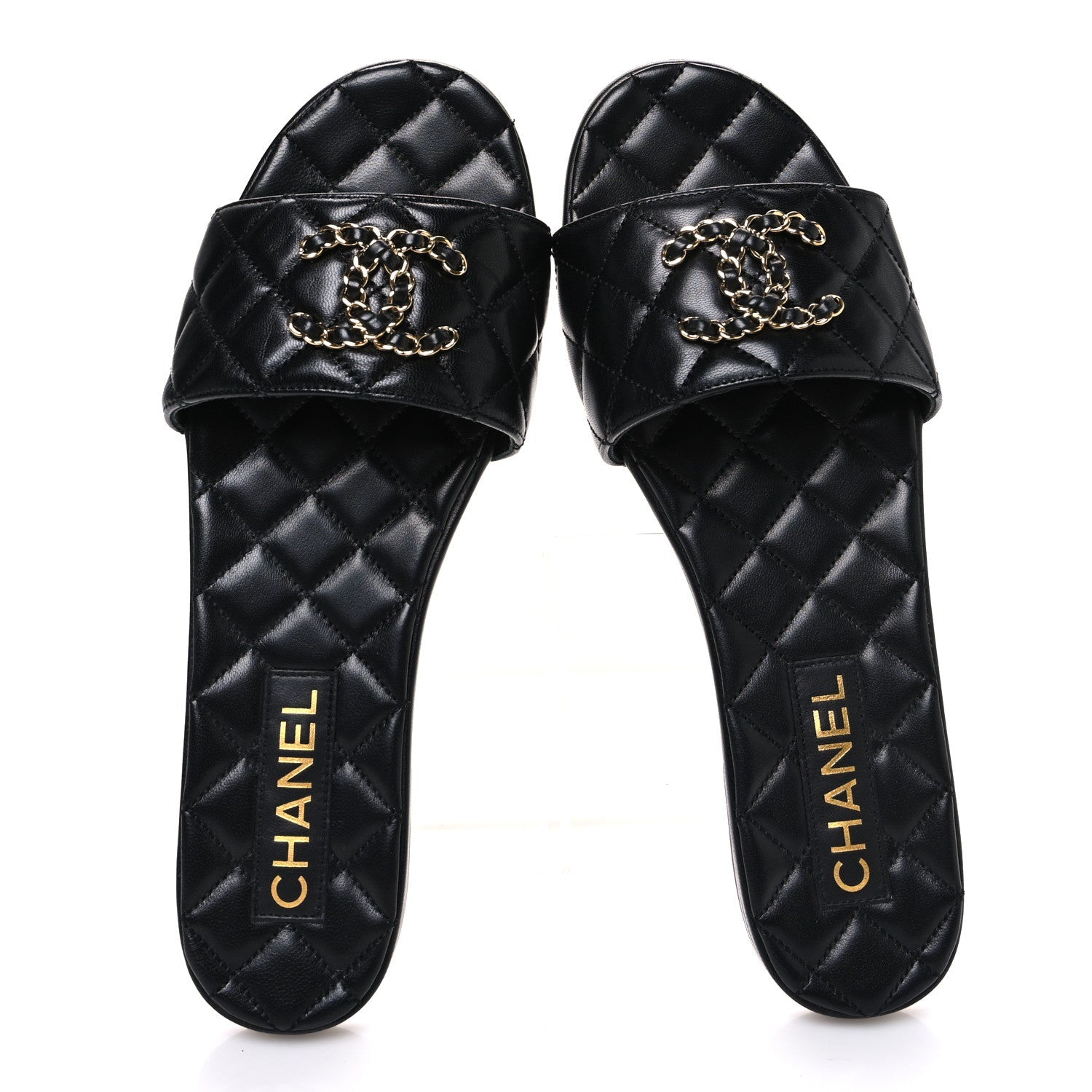Shiny Goatskin Quilted CC Mules Sandals 40 Black
