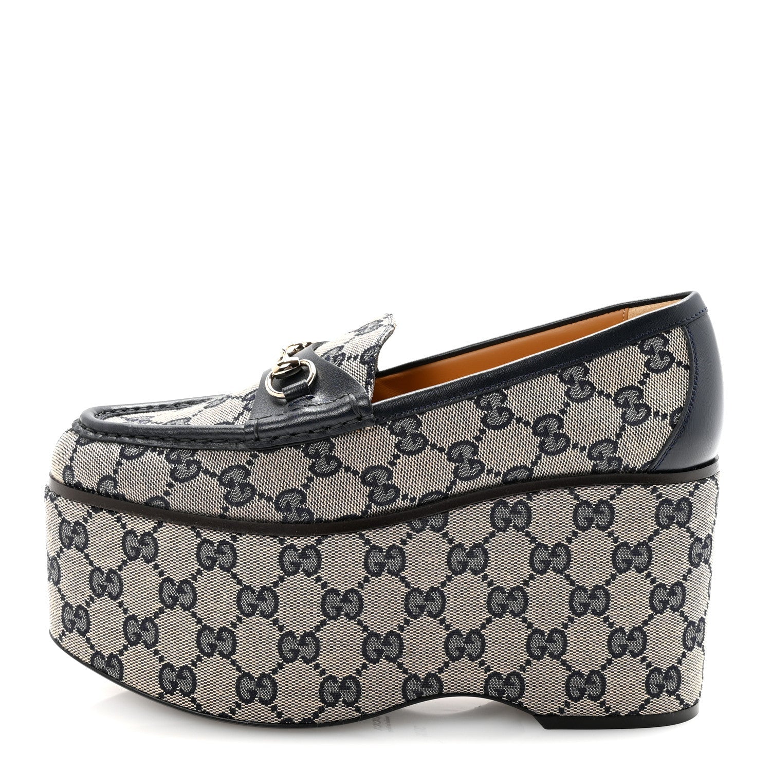 Canvas GG Monogram Horsebit Calfskin Womens Horsebit Platform Loafers 37.5 Beige Blue