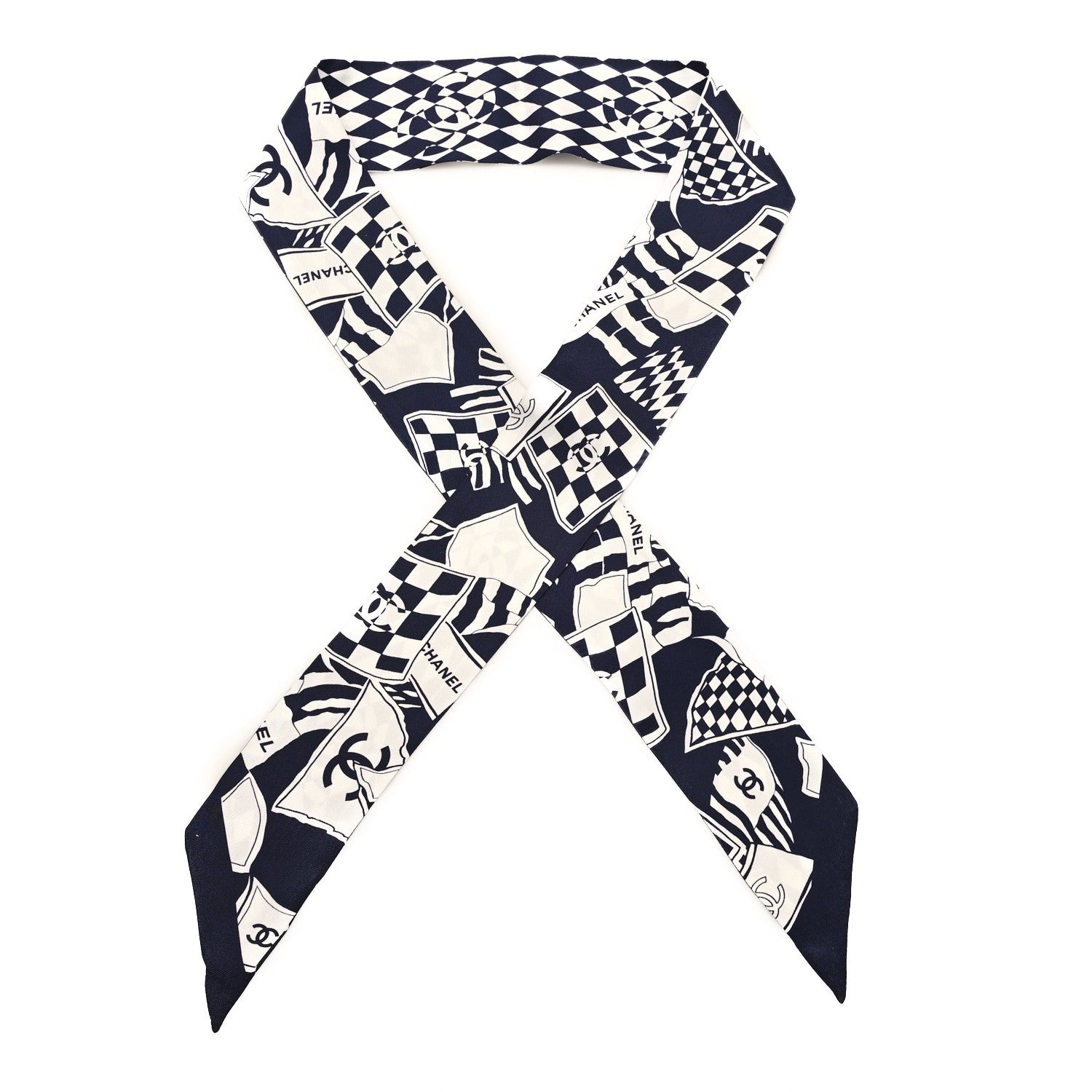 Silk CC Slim Bandeau Scarf Navy Blue White