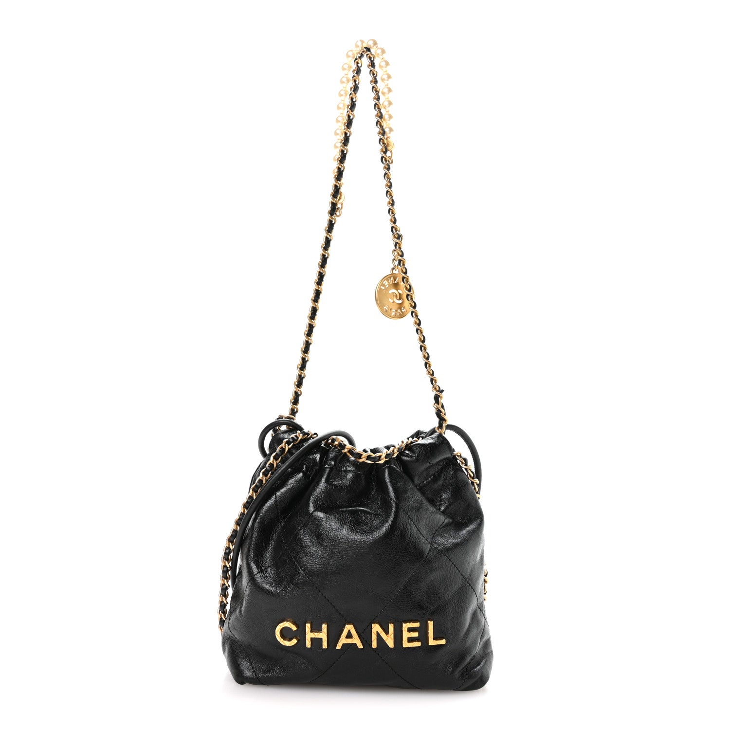 Shiny Crumpled Calfskin Quilted Pearl Mini Chanel 22 Black