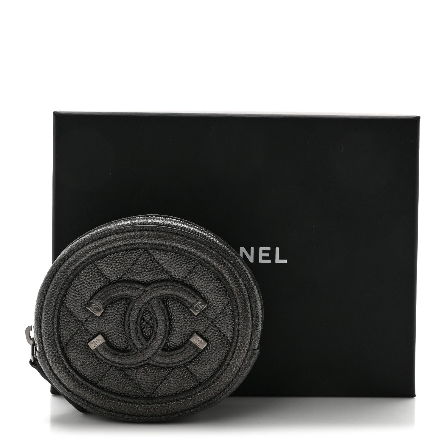 Metallic Caviar Quilted Filigree Zip Around Classic Coin Purse Dark Silver