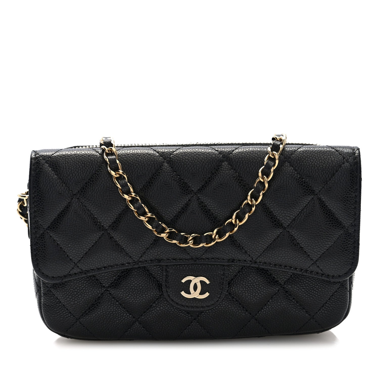 Caviar Quilted Flap Phone Holder With Chain Black