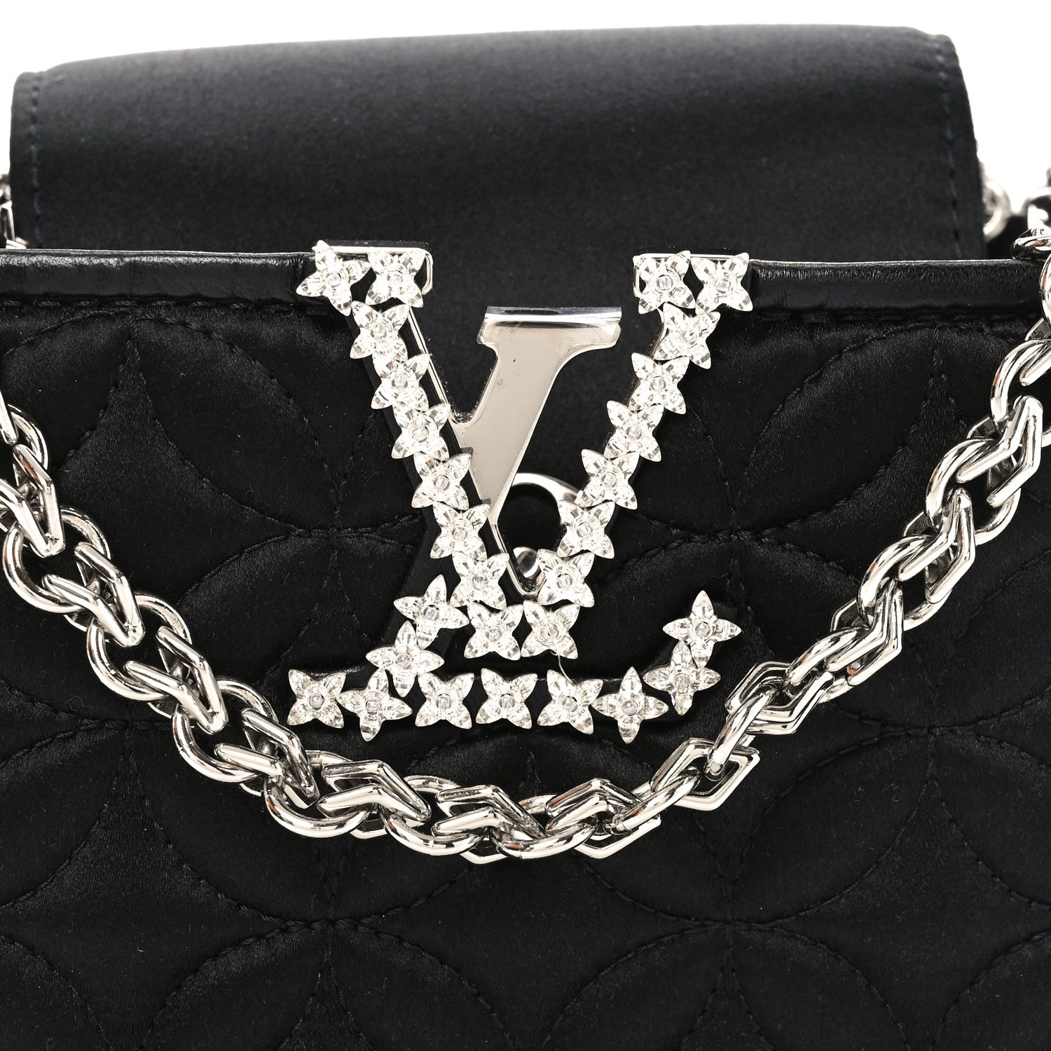 Satin Quilted Flower Crystal Mini Capucines Black