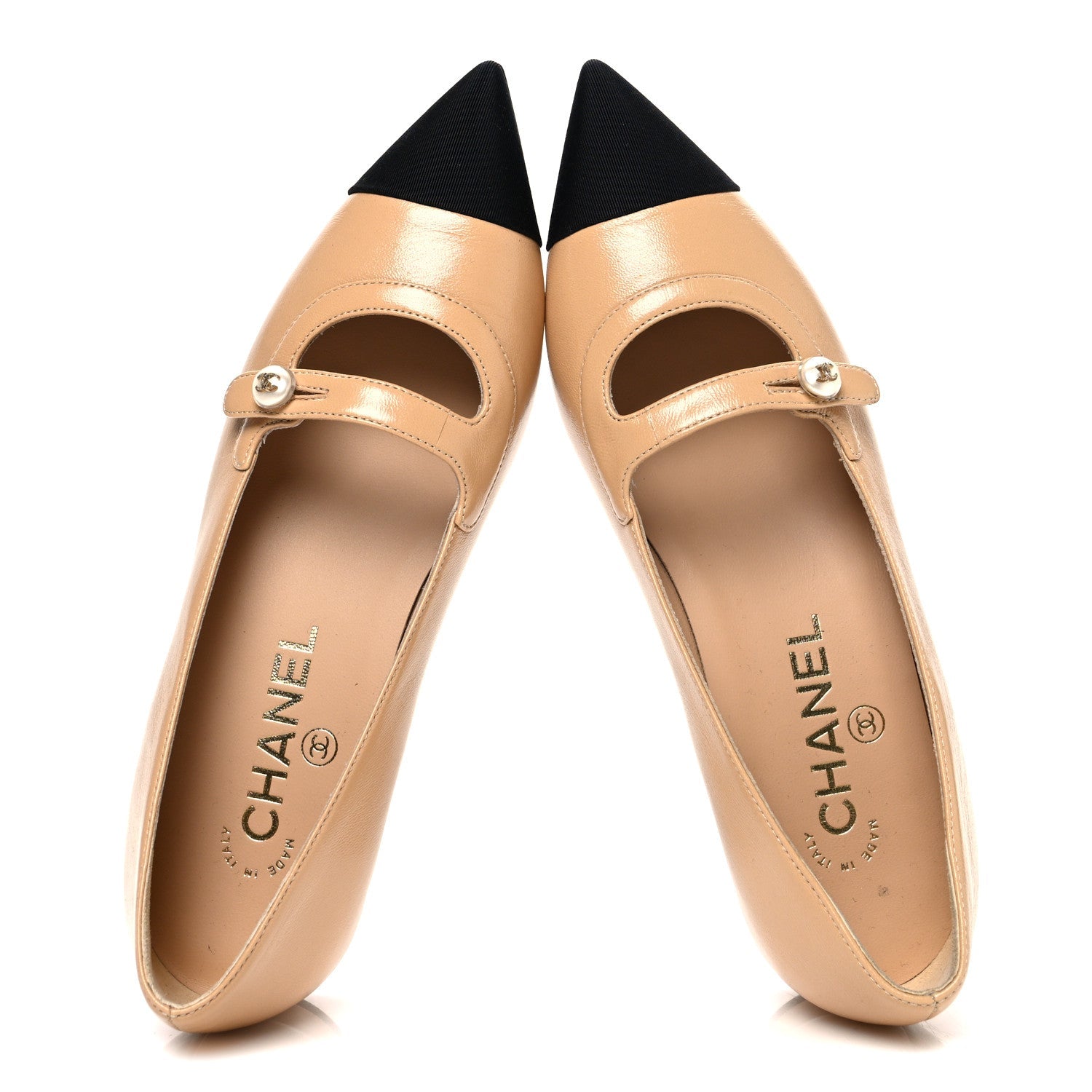 Shiny Lambskin Grosgrain Pointed Toe CC Ballet Flats 36 Beige Black