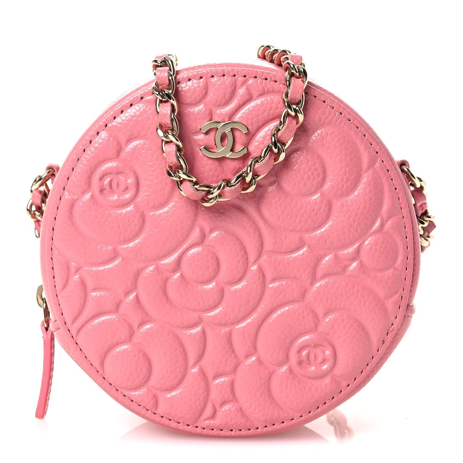 Caviar Camellia Embossed Round Clutch With Chain Pink