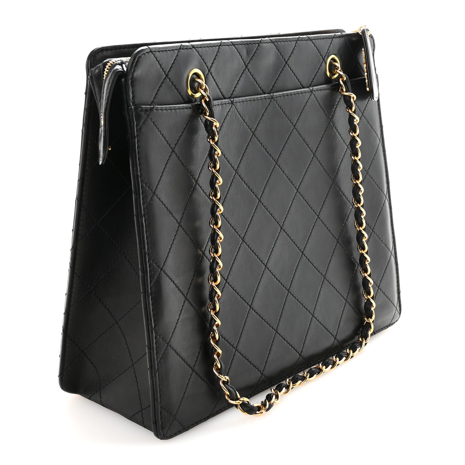 Lambskin Quilted CC Front Pocket Shopping Tote Black