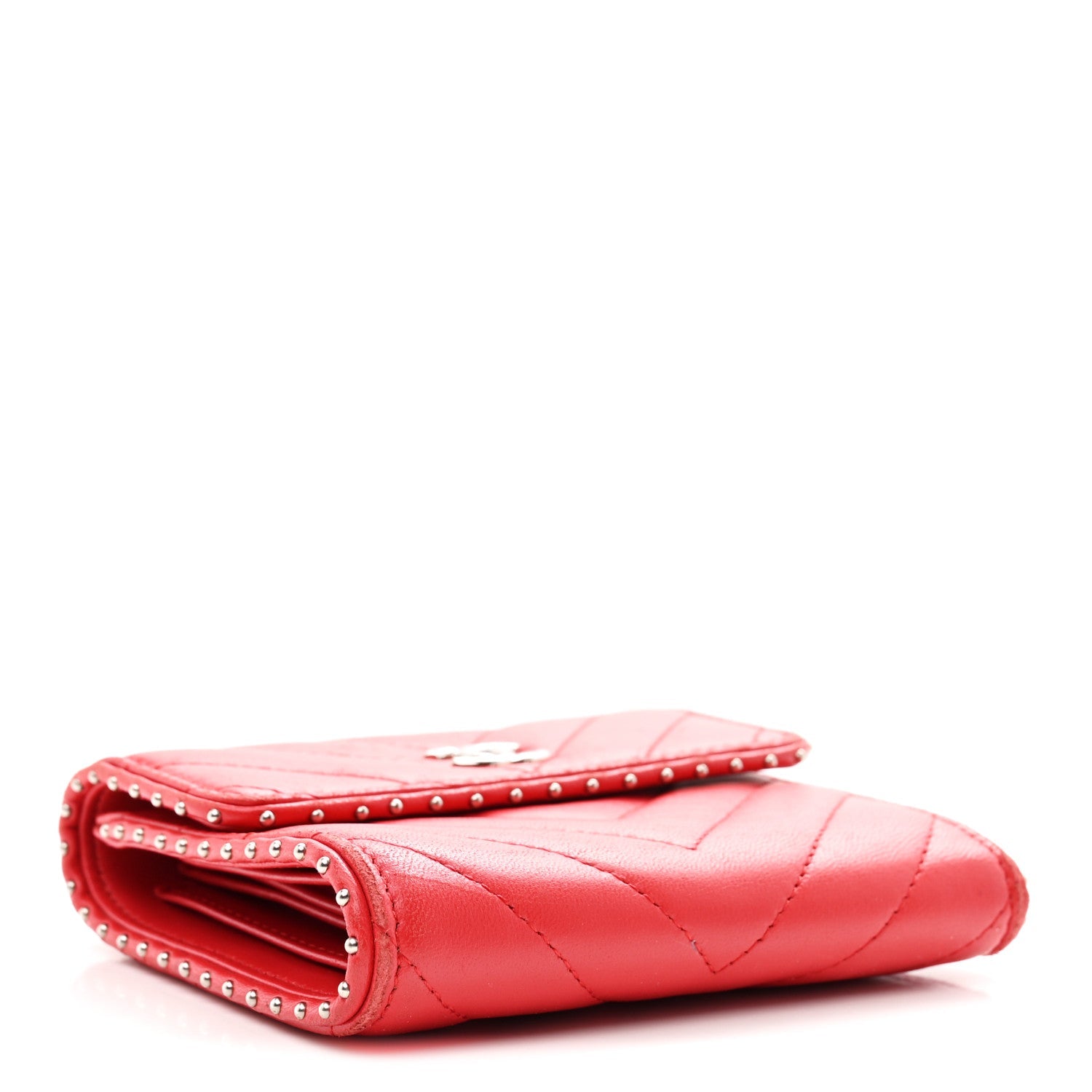 Lambskin Chevron Quilted Studded Compact Flap Wallet Red