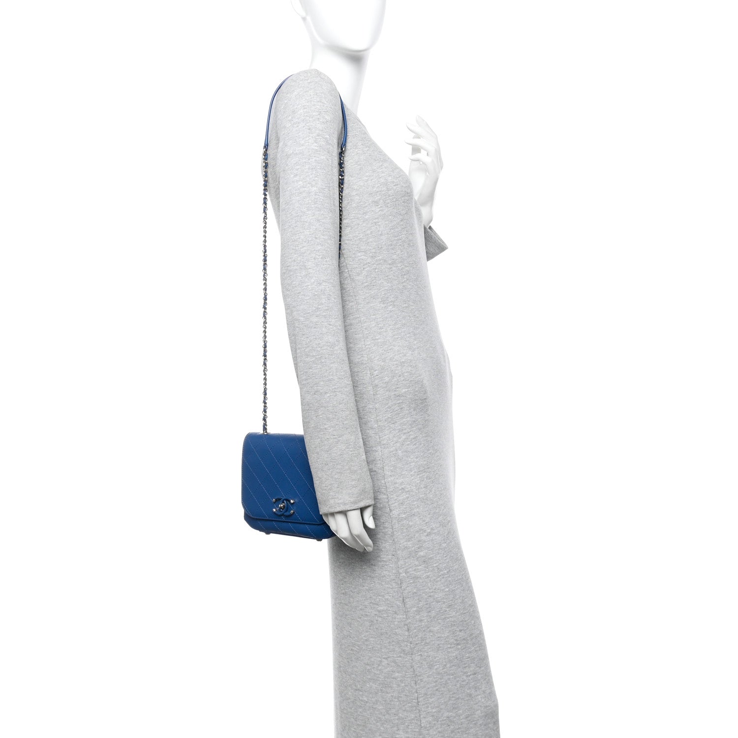 Calfskin Stitched Small Covered CC Flap Bag Blue