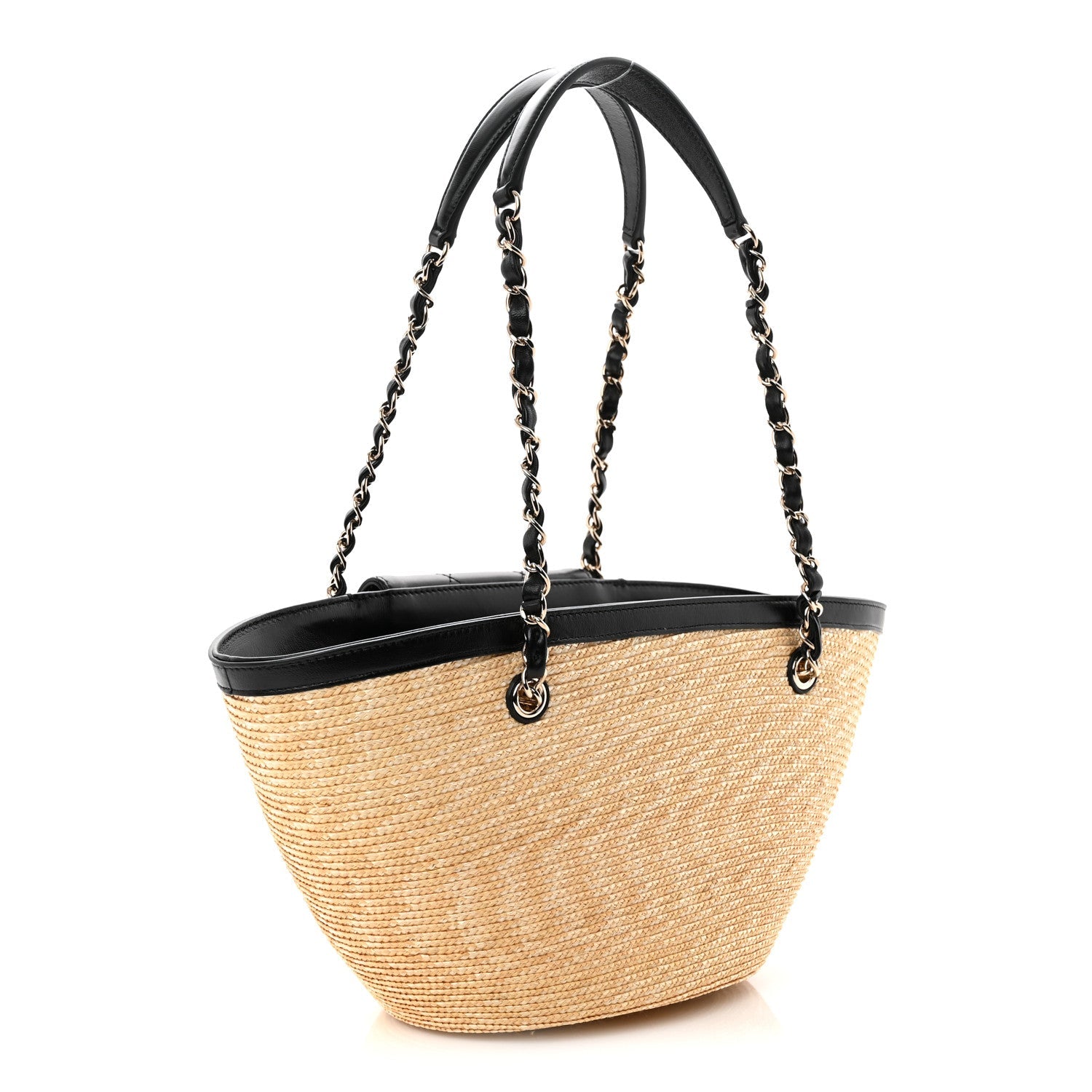 Raffia Braided Lambskin Small Shopping Tote Beige Black