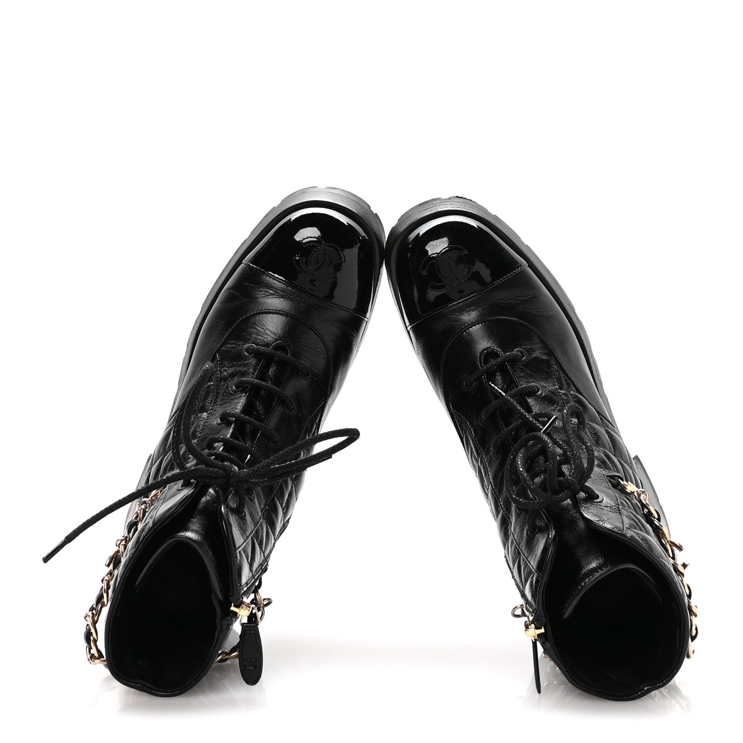Shiny Calfskin Patent Quilted Chain Lace Up Combat Boots 40 Black
