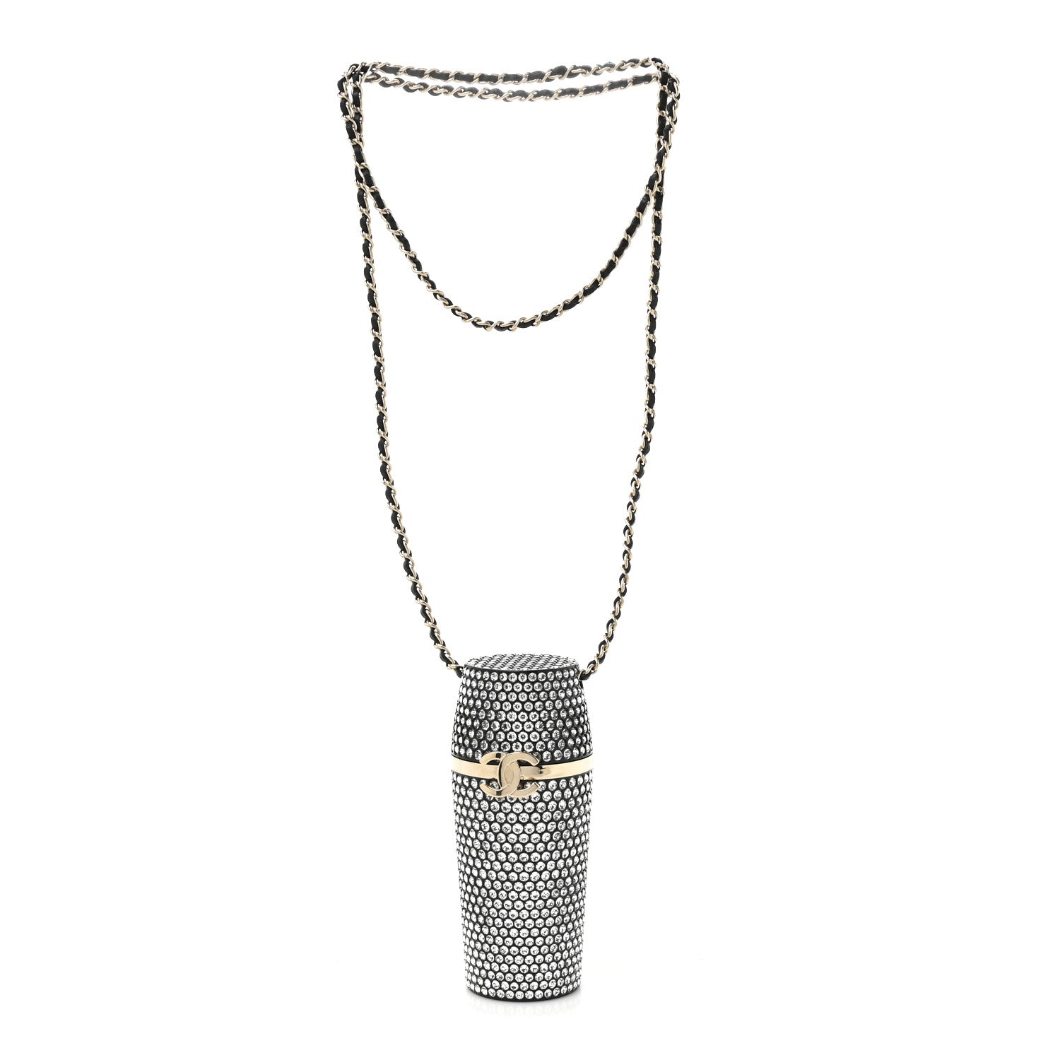 Metal Resin Lambskin Crystal Lipstick Case Long Necklace On Chain Silver Black Gold