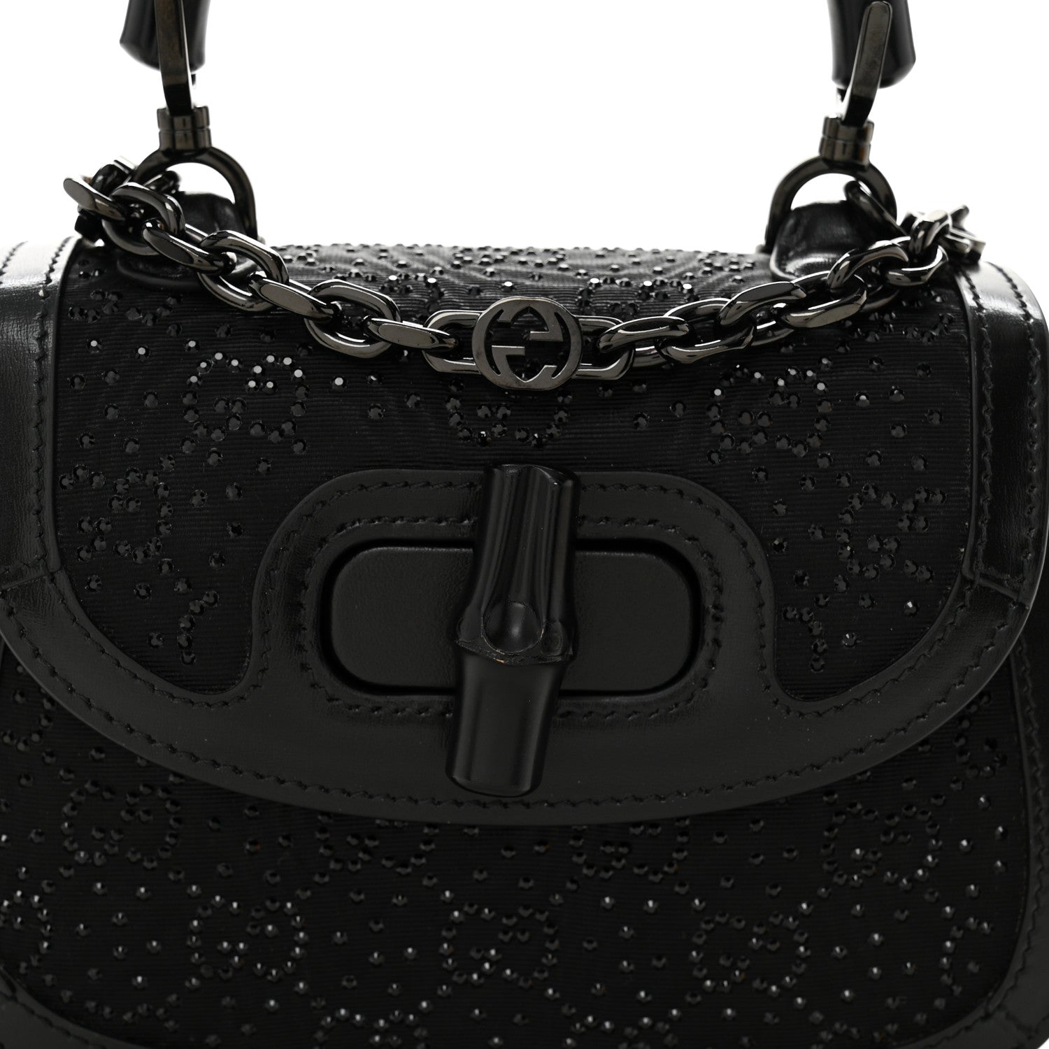 Moire Fabric Calfskin Rhinestone Monogram Monochrome Mini Bamboo 1947 Top Handle Chain Bag Black
