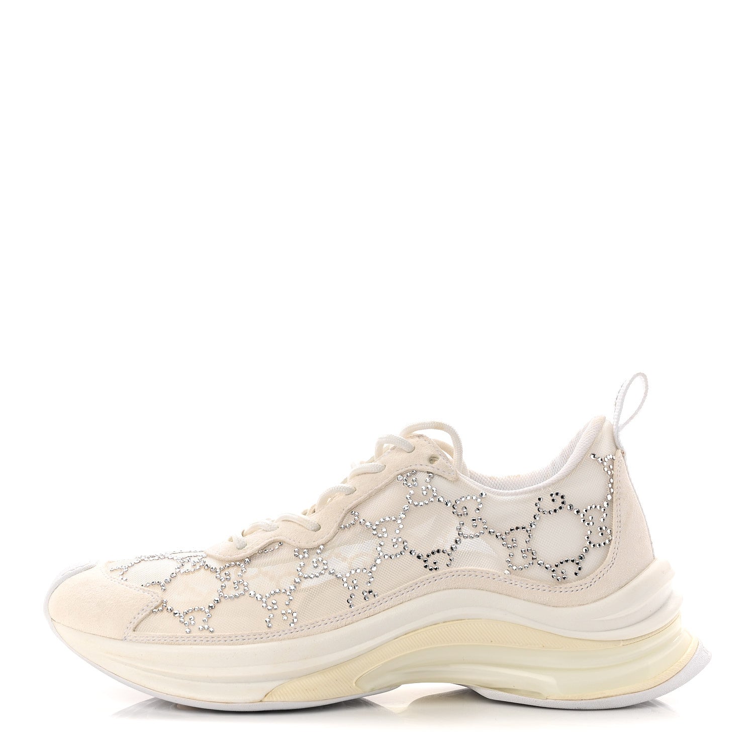 Tela Retino Mesh Crystal Suede GG Monogram Womens Gucci Run Sneakers 37.5 Off White Silver