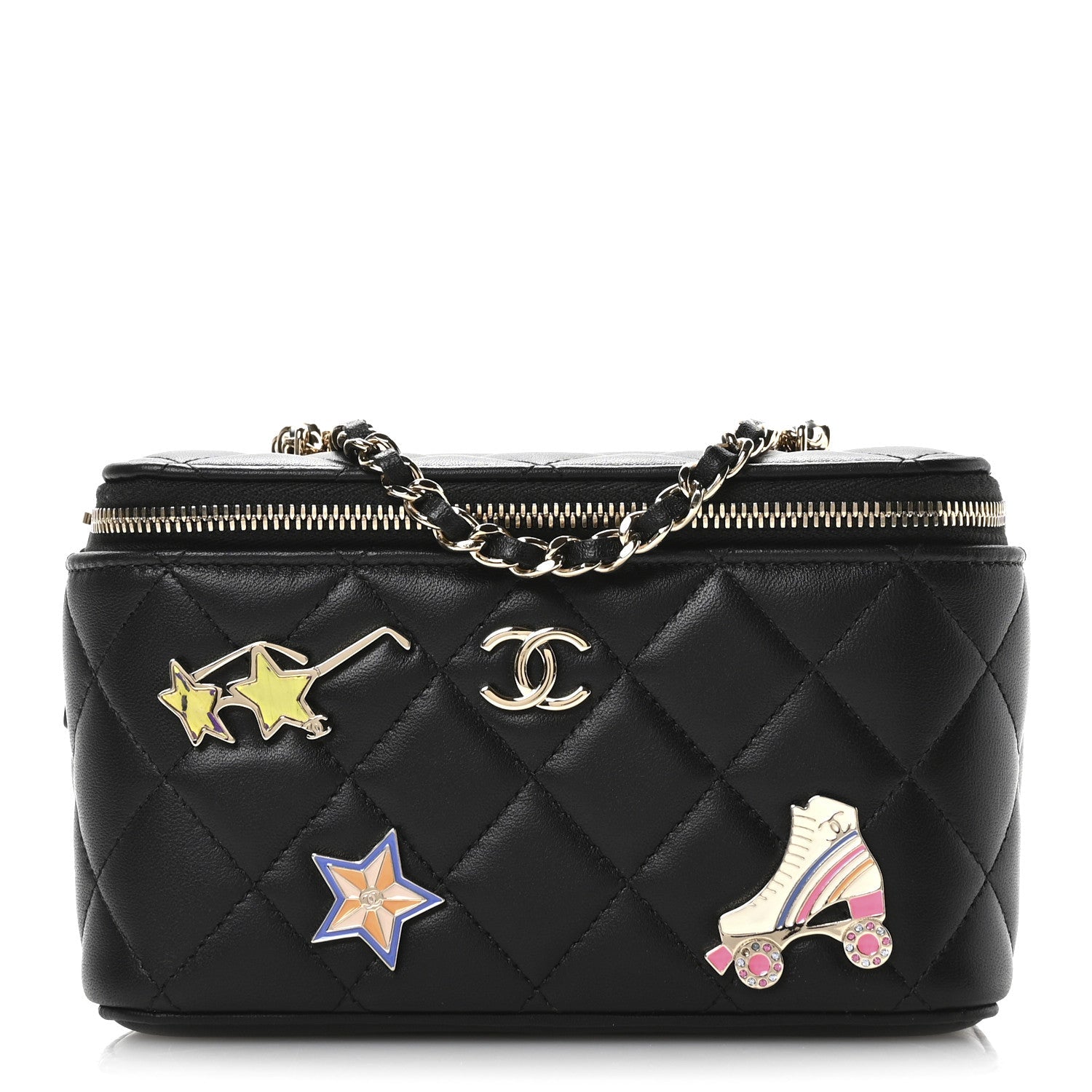Lambskin Enamel Quilted Roller Skate Small Vanity Case With Chain Black