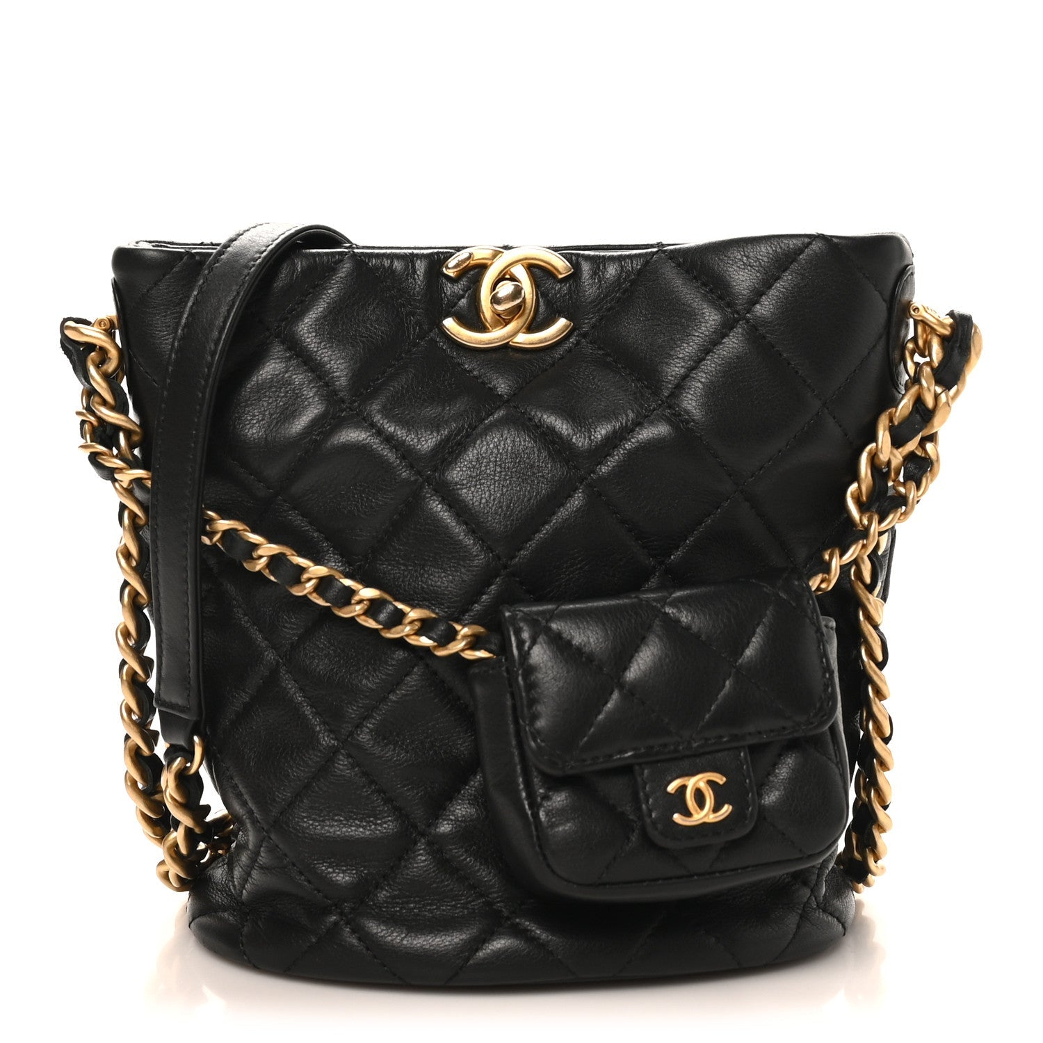 Calfskin Quilted Small CC Chain Bucket Black