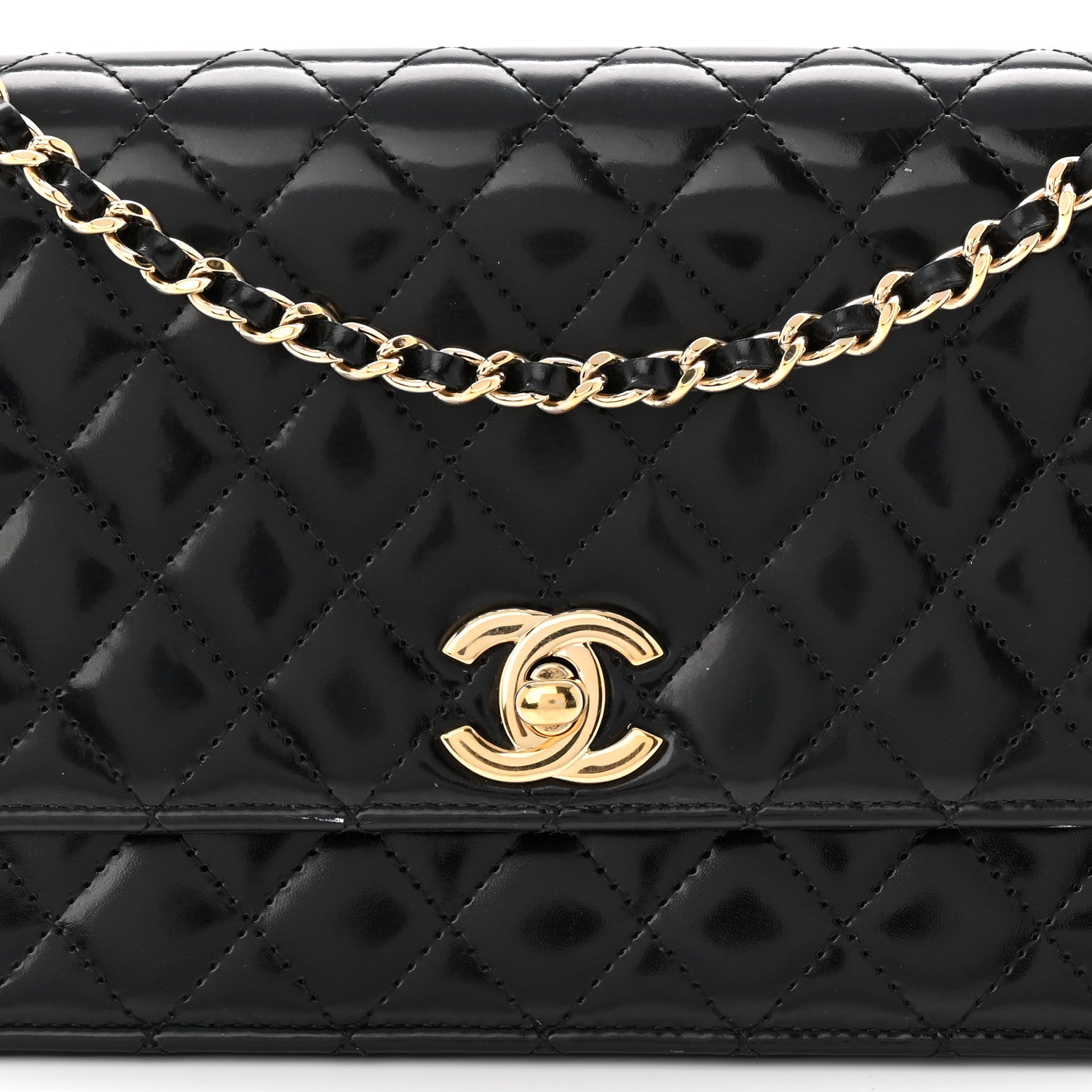 Patent Calfskin Quilted East West Flap Shoulder Bag Black