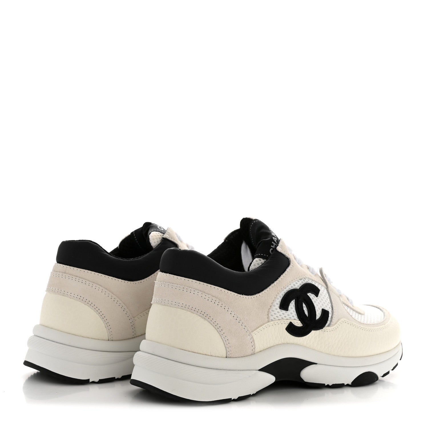 Mesh Suede Grained Calfskin Womens CC Sneakers 38.5 White Black