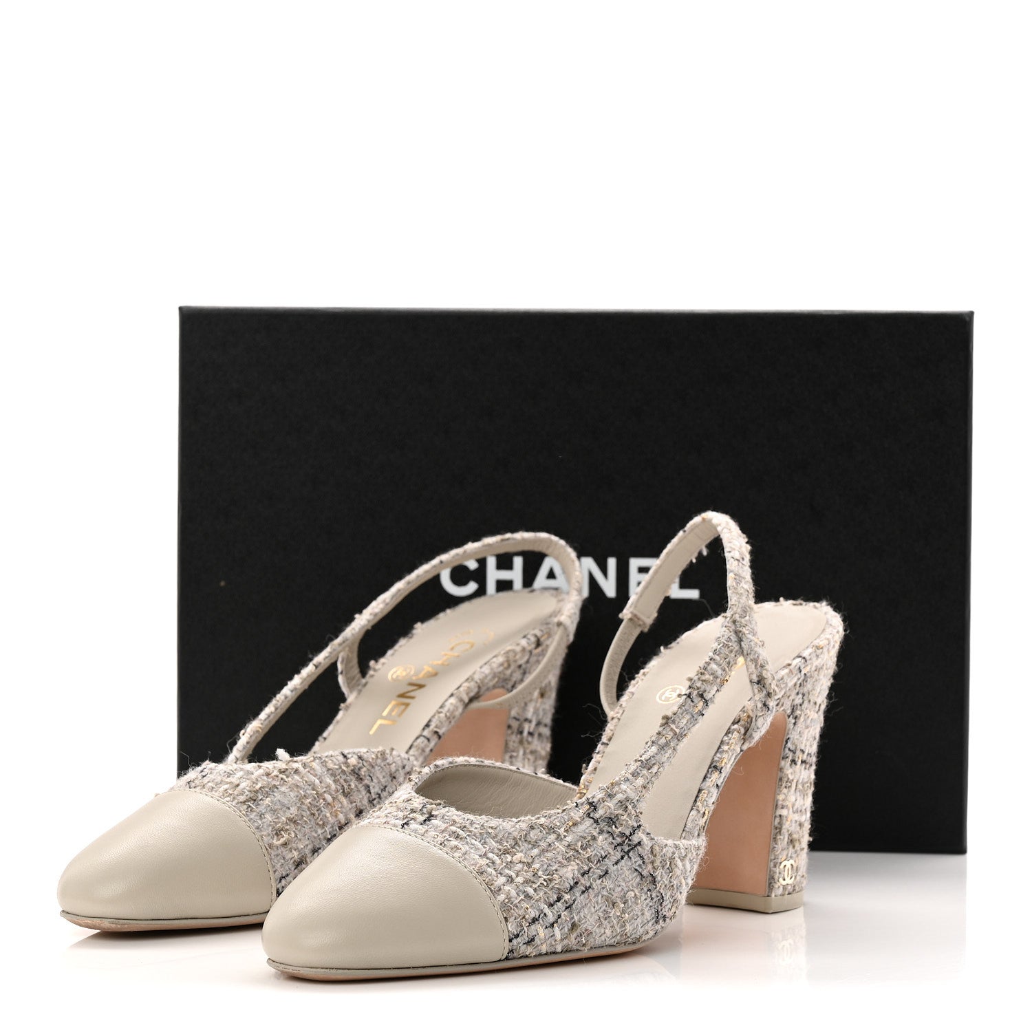 Wool Cotton Tweed Lambskin Cap Toe CC Slingback Pumps 39.5 Grey Black Gold
