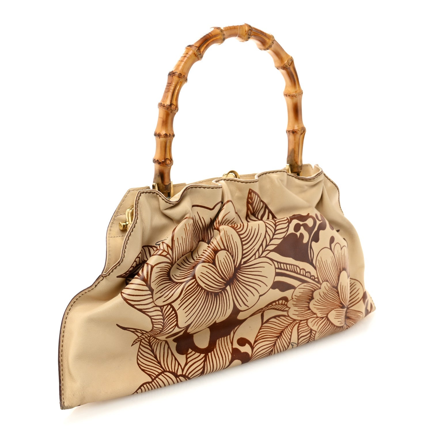 Calfskin Floral Printed Bamboo Top Handle Frame Bag Beige Brown
