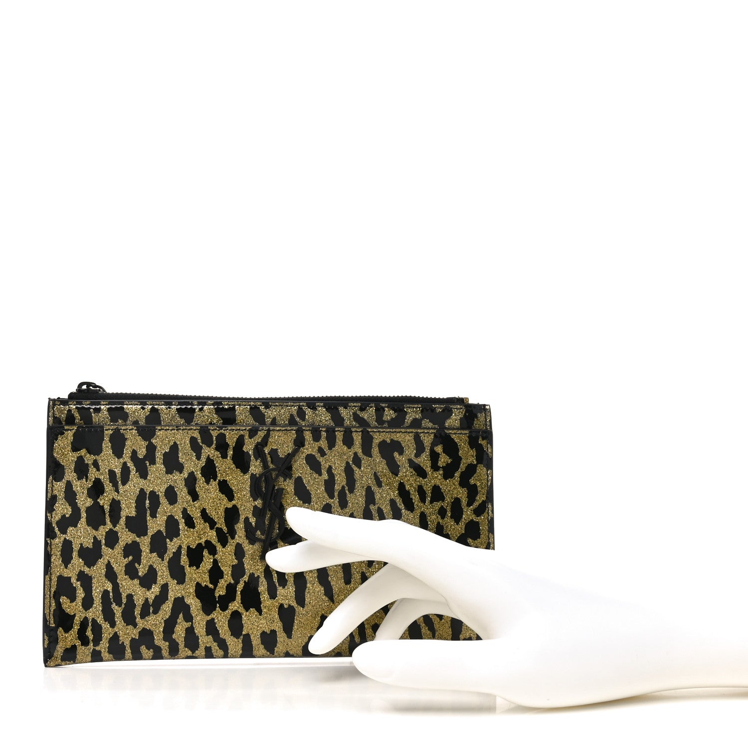 Patent Glitter Leopard Monogram Zip Pouch Gold Black