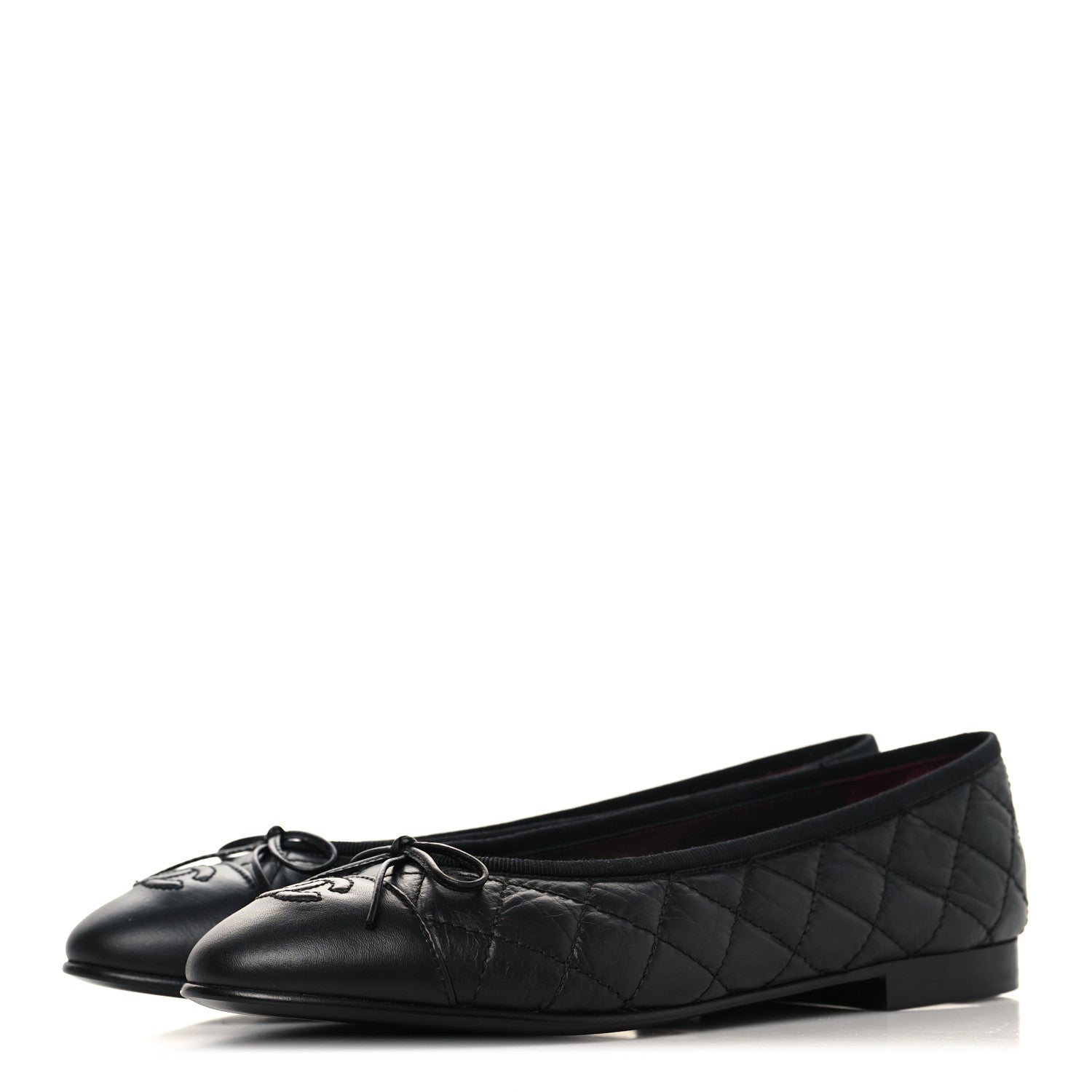 Aged Calfskin Quilted CC Cap Toe Ballerina Flats 38.5 Black
