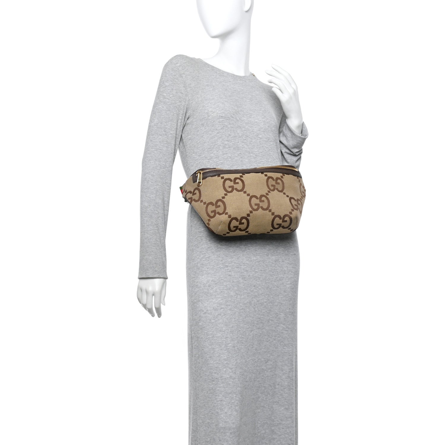 Monogram Jumbo GG Textured Dollar Calfskin Web Belt Bag Camel Ebony New Acero