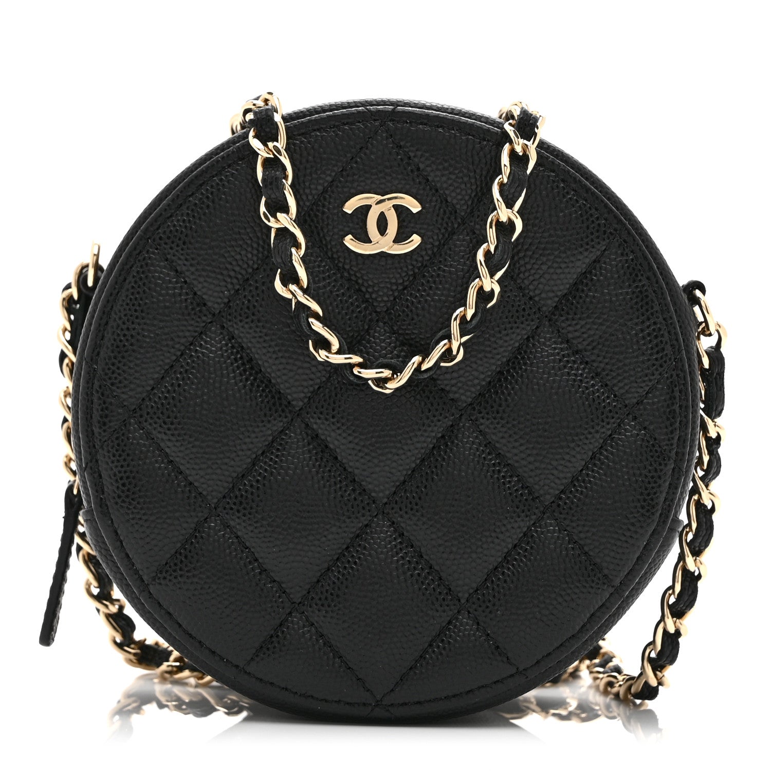 Caviar Quilted Round Clutch With Chain Black