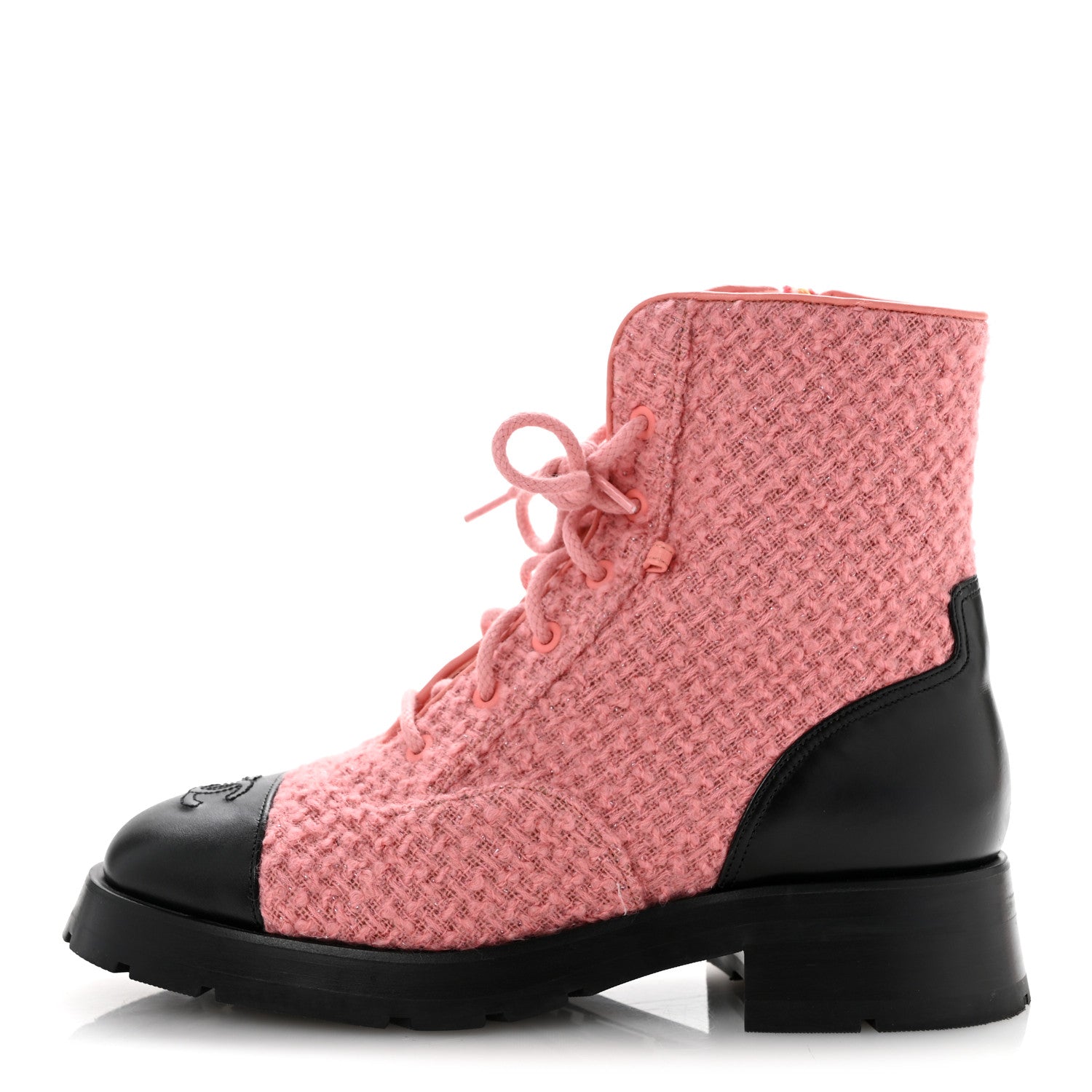 Wool Tweed Calfskin Chain Lace Up Combat Boots 38.5 Pink Black