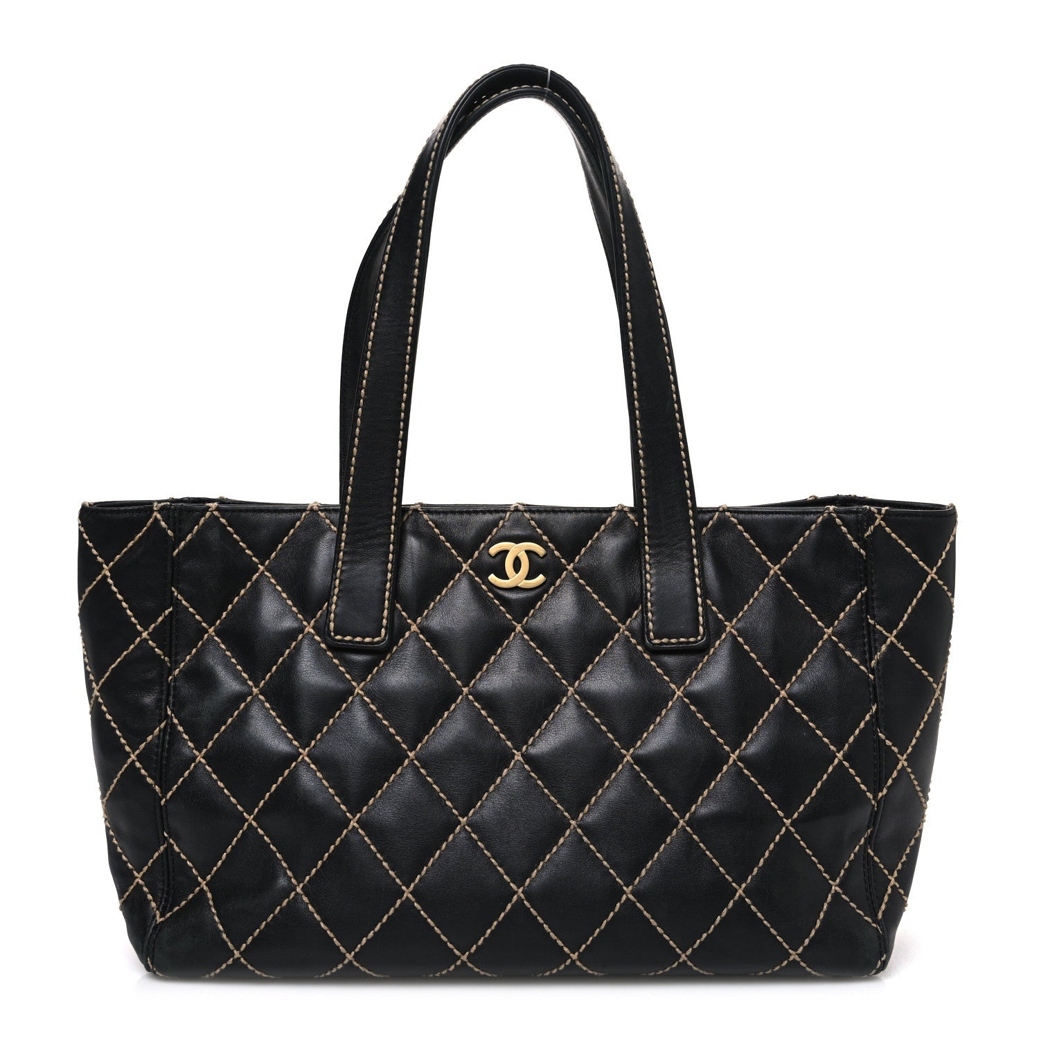 Calfskin Contrast Stitch Surpique Tote Black