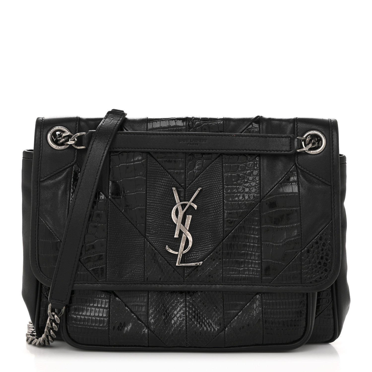 Calfskin Ayers Patchwork Monogram Medium Niki Chain Satchel Black