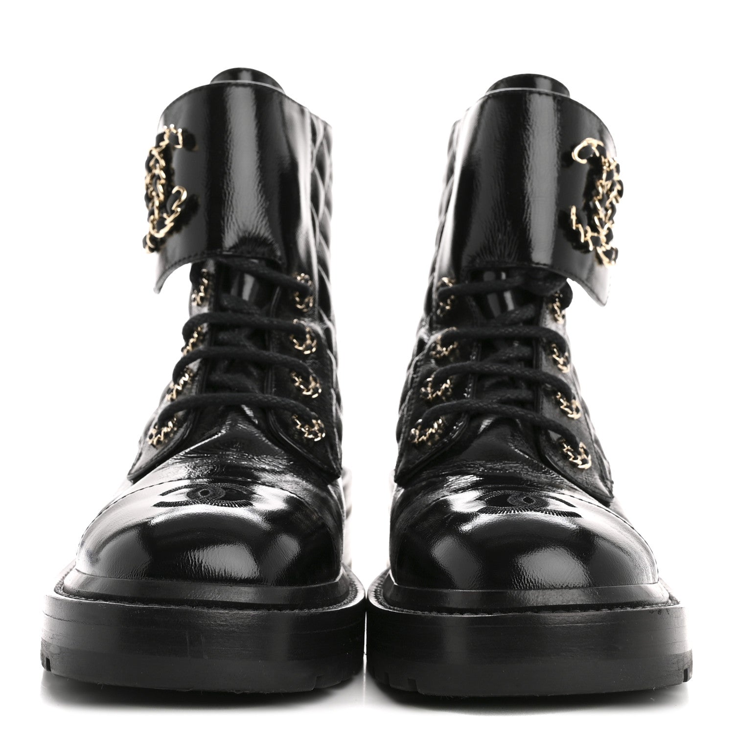 Shiny Goatskin Calfskin Quilted Lace Up Combat Boots 36.5 Black