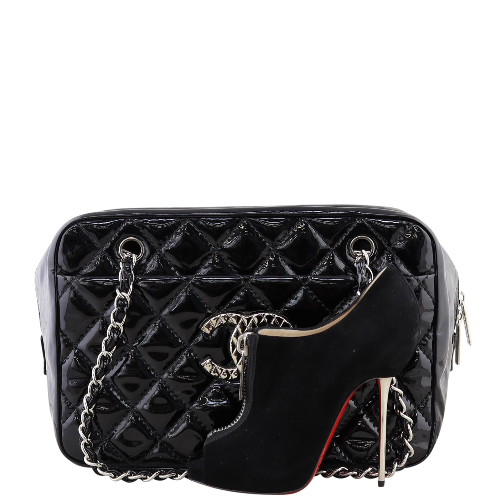 Chanel Brilliant Patent Camera Bag Large |  Black Quilted Patent