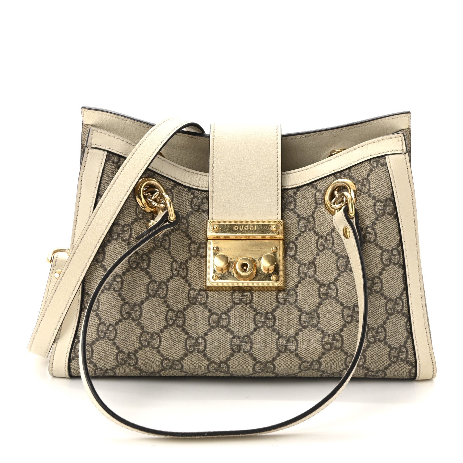 GG Supreme Monogram Moon Calfskin Small Padlock Tote Beige Ebony Mystic White