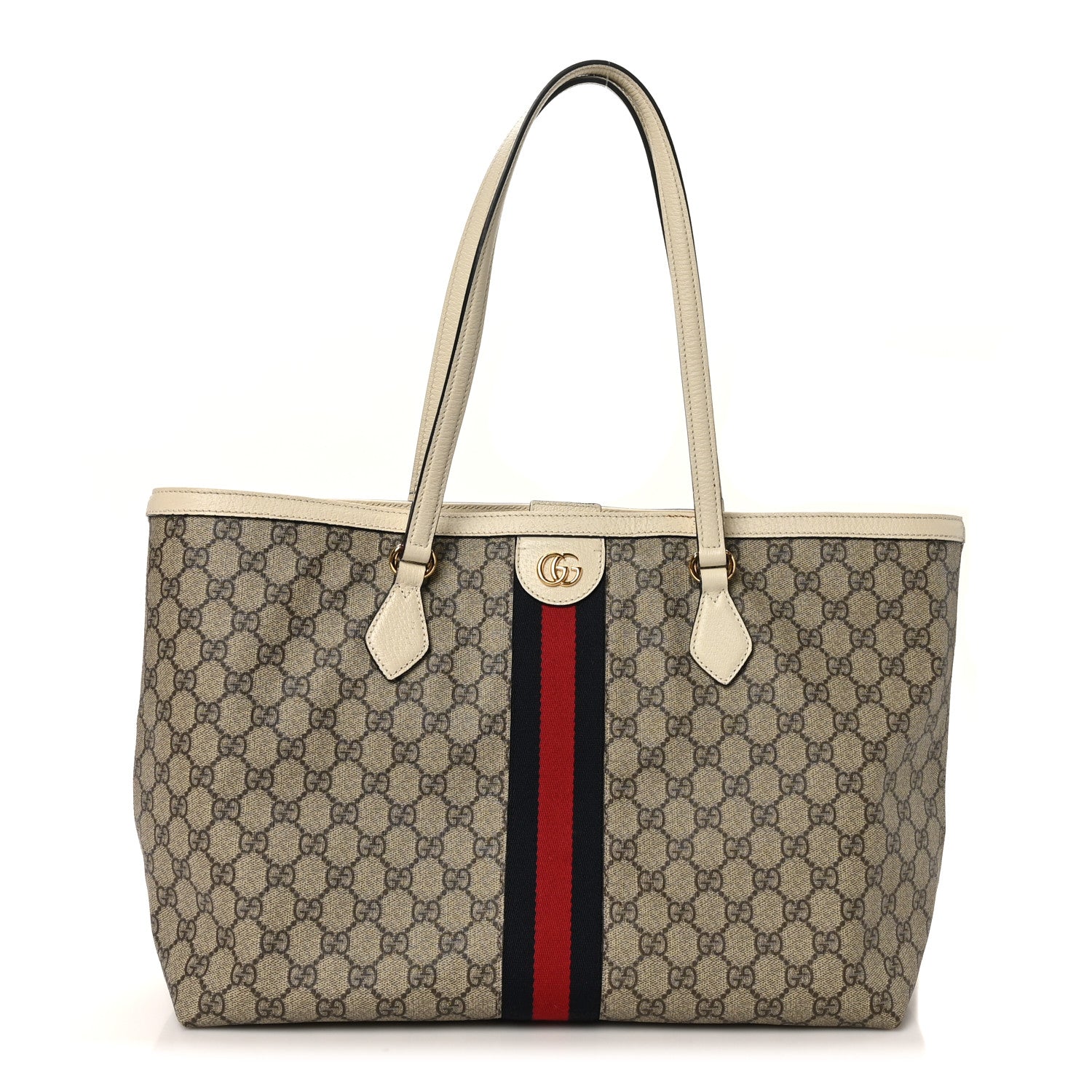 GG Supreme Monogram Textured Dollar Calfskin Web Medium Ophidia Shopping Tote Beige Ebony Mystic White