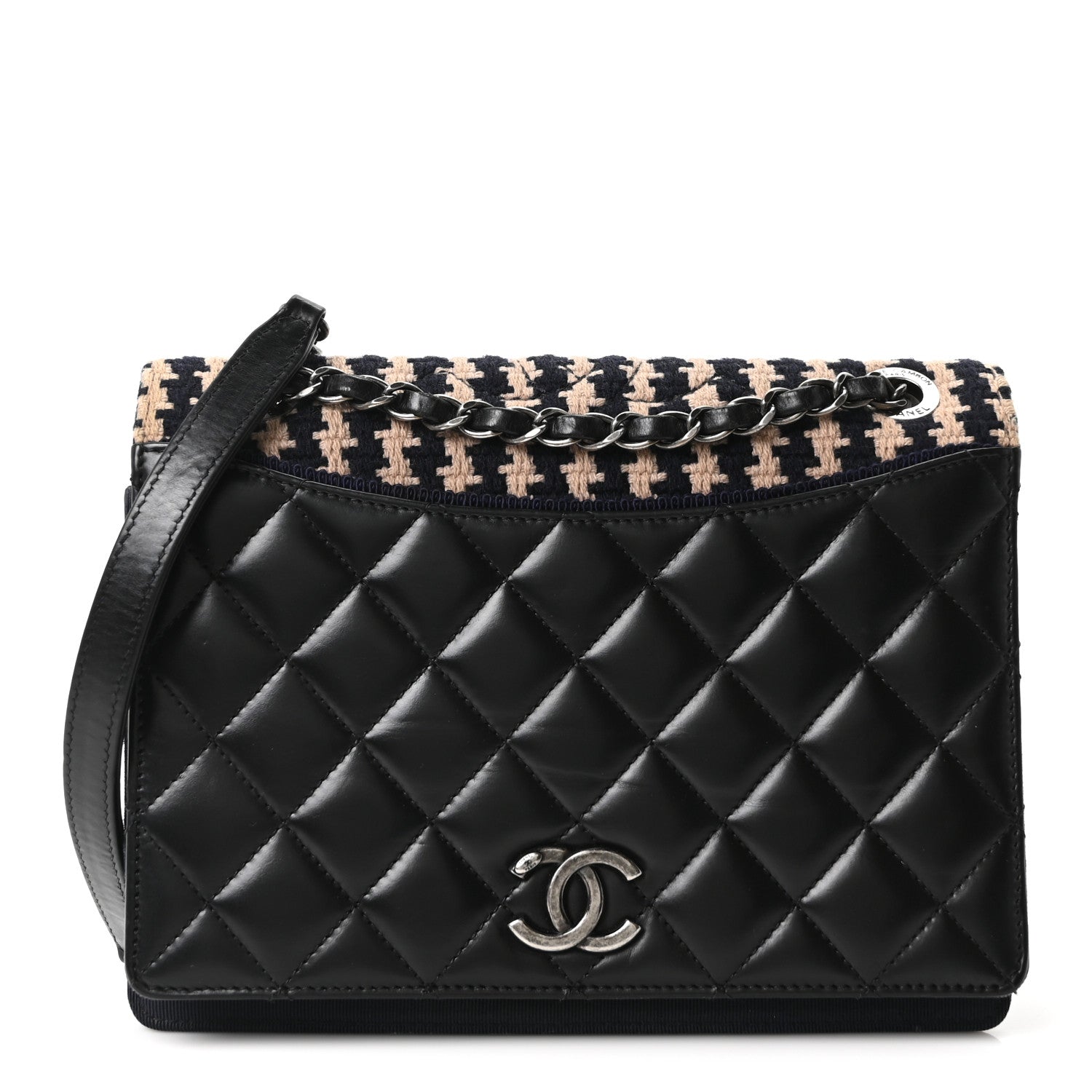 Tweed Calfskin Quilted Ballerine Flap Black Navy Beige